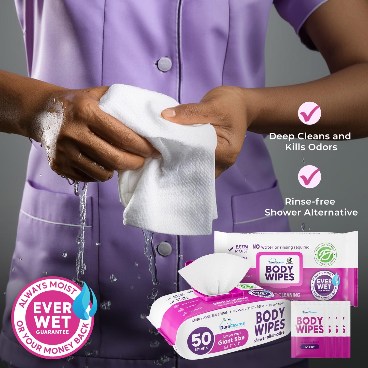 Body Wipes for Adults Bathing No Rinse - 20 Count Travel Shower Wipes - 9" x 12" Individually Wrapped Thick Cleansing Waterless Wash Scrubs - Disposable Washcloths for Camping & Elderly Incontinence