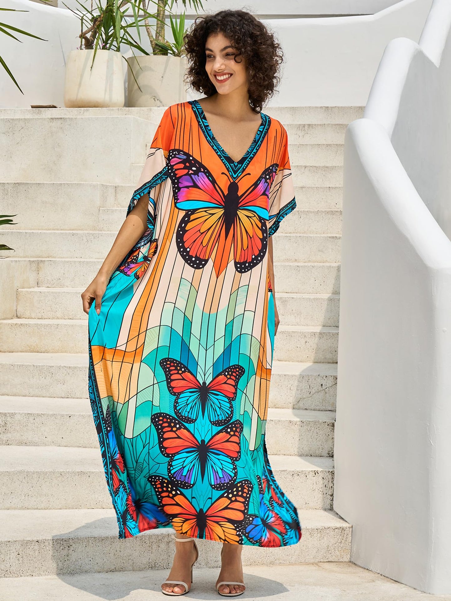 Chunoy Women V Neck Kaftan Casual Bathing Suit Kimono Sleeve Side Split Beach Cover Up Caftan Dress