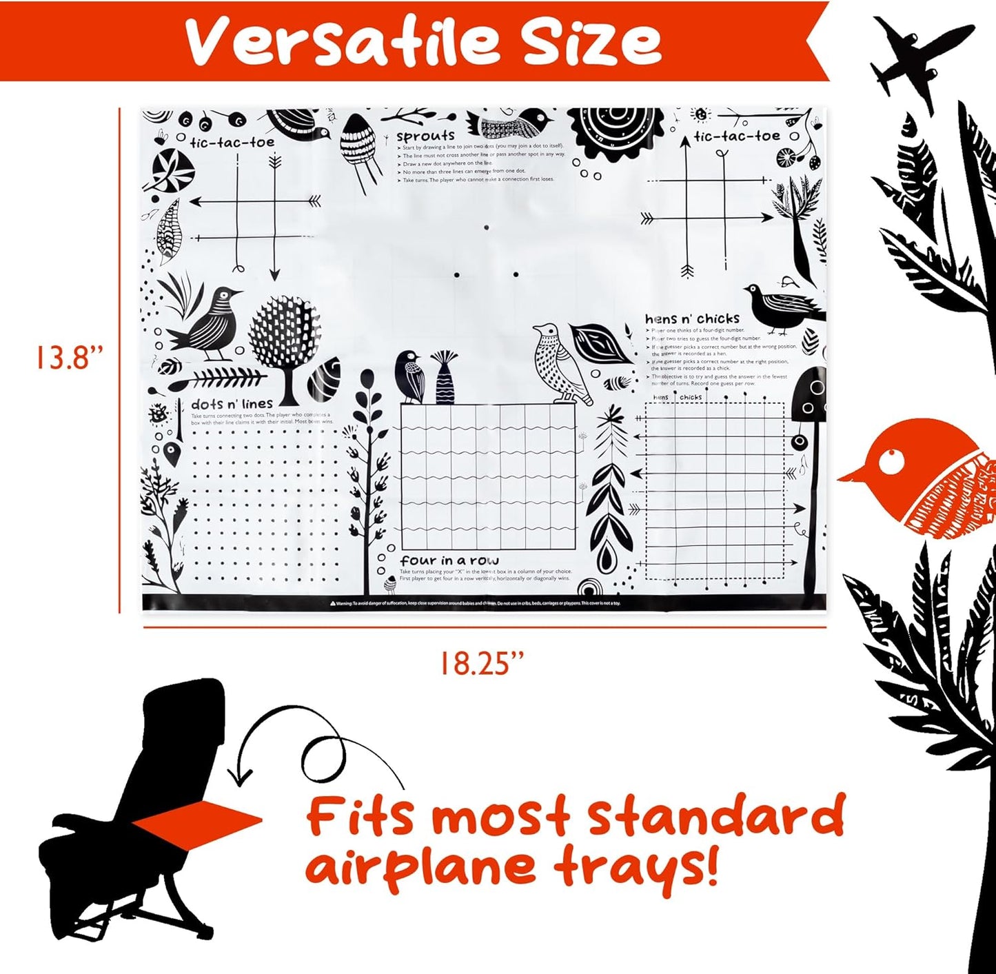 GSM Brands Disposable Airplane Tray Table Cover (Pack of 20) - Double Sided with 12 Games - Opaque White
