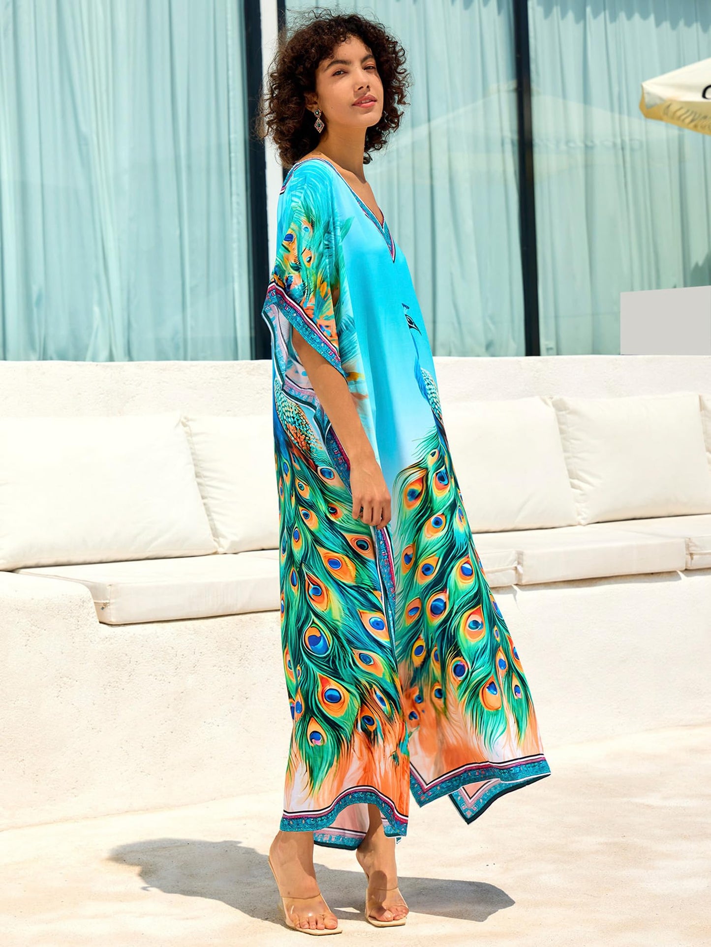 Chunoy Women V Neck Kaftan Casual Bathing Suit Kimono Sleeve Side Split Beach Cover Up Caftan Dress
