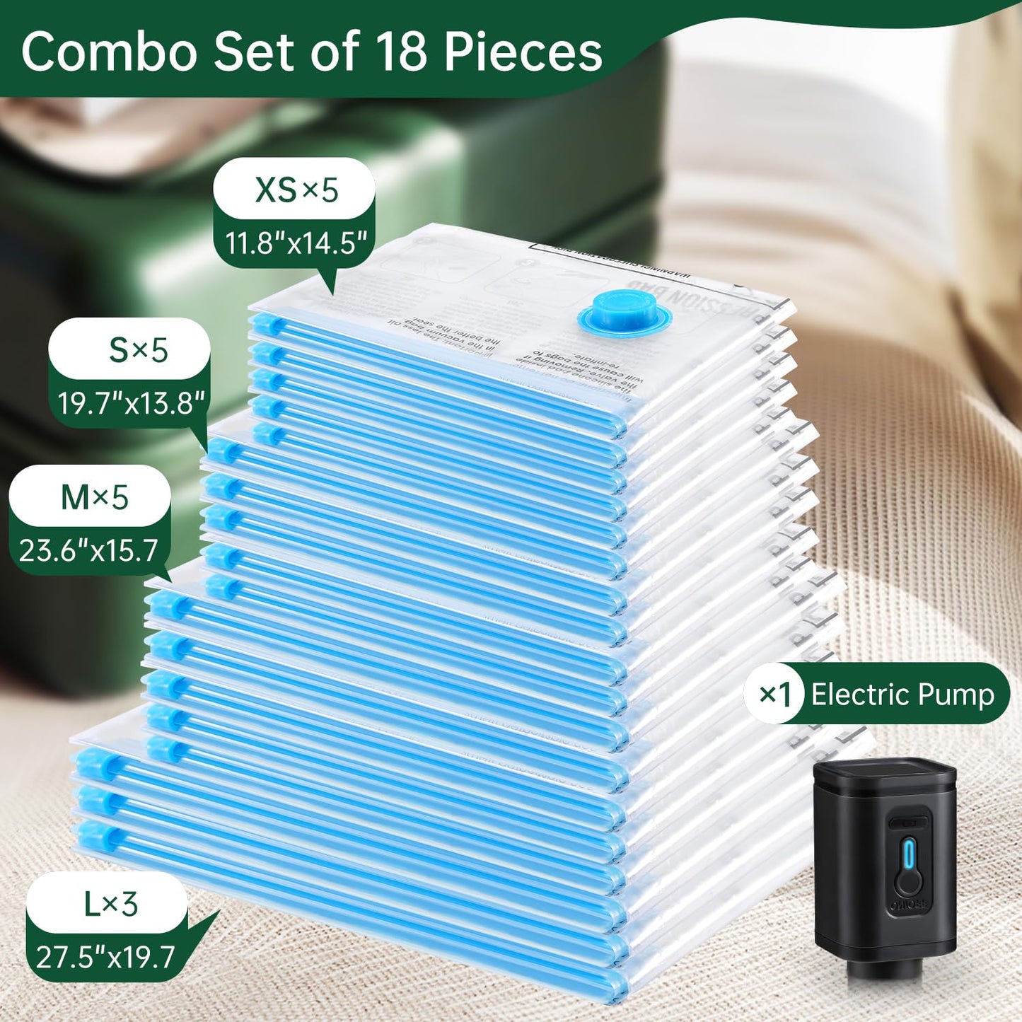 BRODI 10 Combo Pack Travel Vacuum Bags with Pump - Space Saver & Travel Essentials, Clothing & Luggage Vacuum Seal Bags