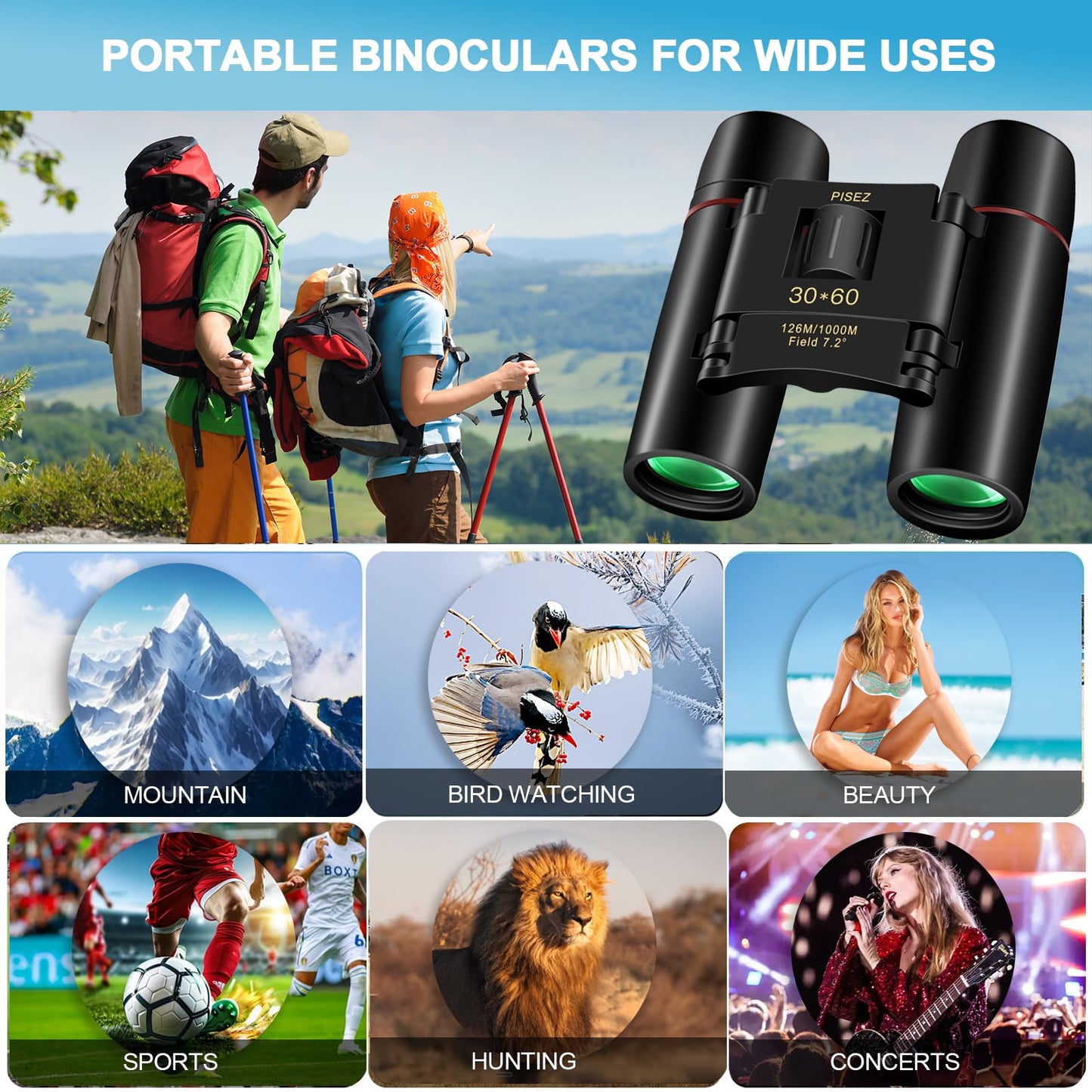 PISEZ 30X60 Compact Binoculars for Adults and Kids，Lightweight Foldable Easy Focus Small Binoculars for Bird Watching Hunting Concert Traveling Theater Opera Sightseeing
