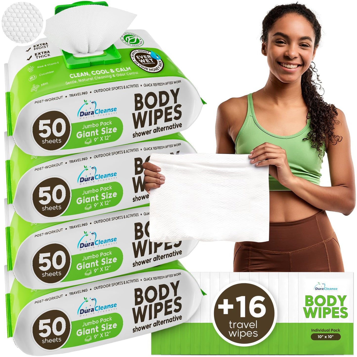 Body Wipes for Adults Bathing No Rinse - 20 Count Travel Shower Wipes - 9" x 12" Individually Wrapped Thick Cleansing Waterless Wash Scrubs - Disposable Washcloths for Camping & Elderly Incontinence