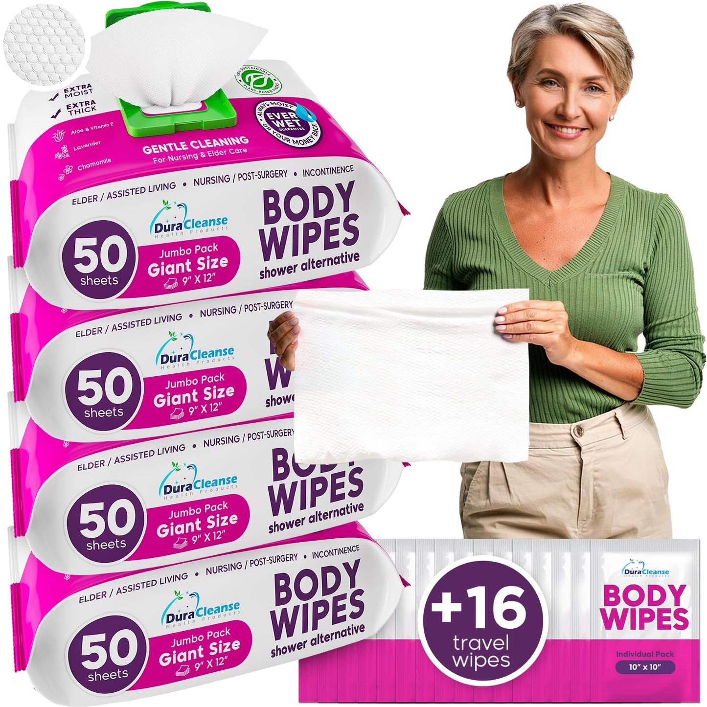 Body Wipes for Adults Bathing No Rinse - 20 Count Travel Shower Wipes - 9" x 12" Individually Wrapped Thick Cleansing Waterless Wash Scrubs - Disposable Washcloths for Camping & Elderly Incontinence