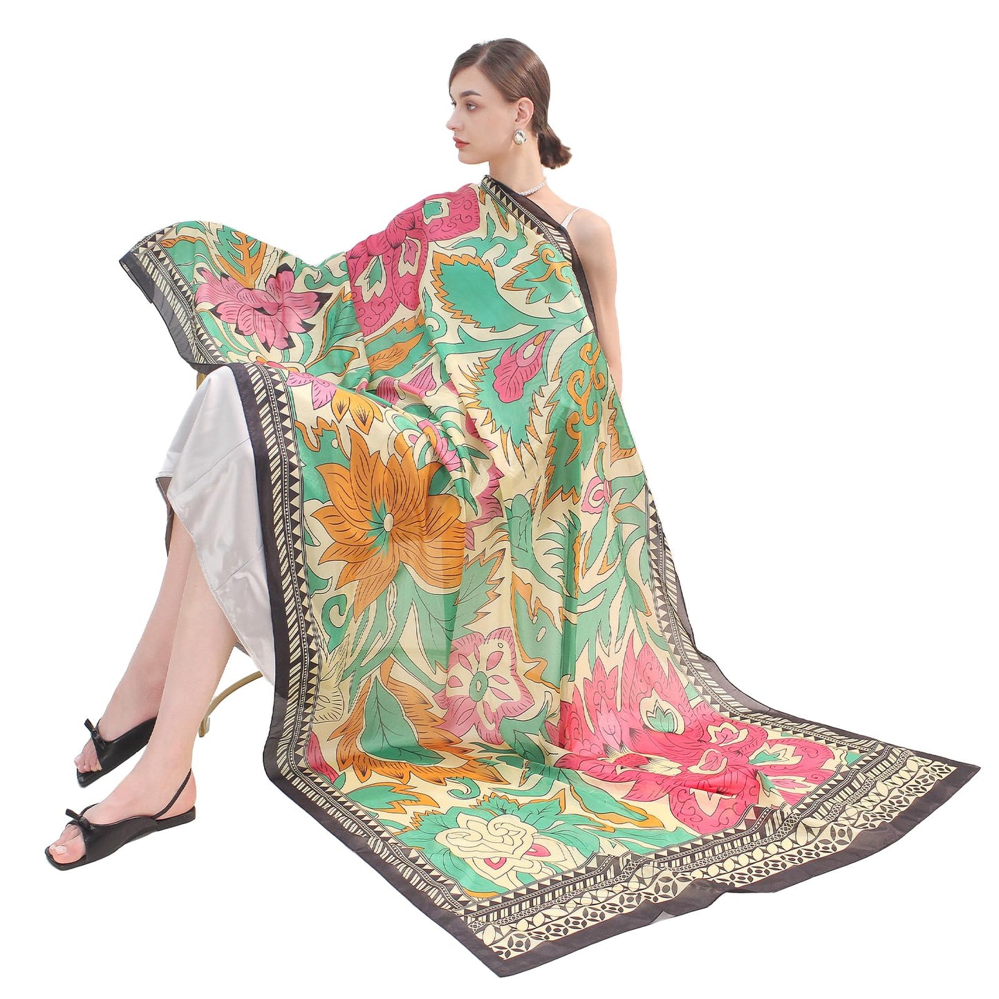 DANA XU 100% Mulberry Satin Silk Summer Travel Scarf Extra Large Women Floral Shawl Oversize Soft Wraps For Evening Dresses