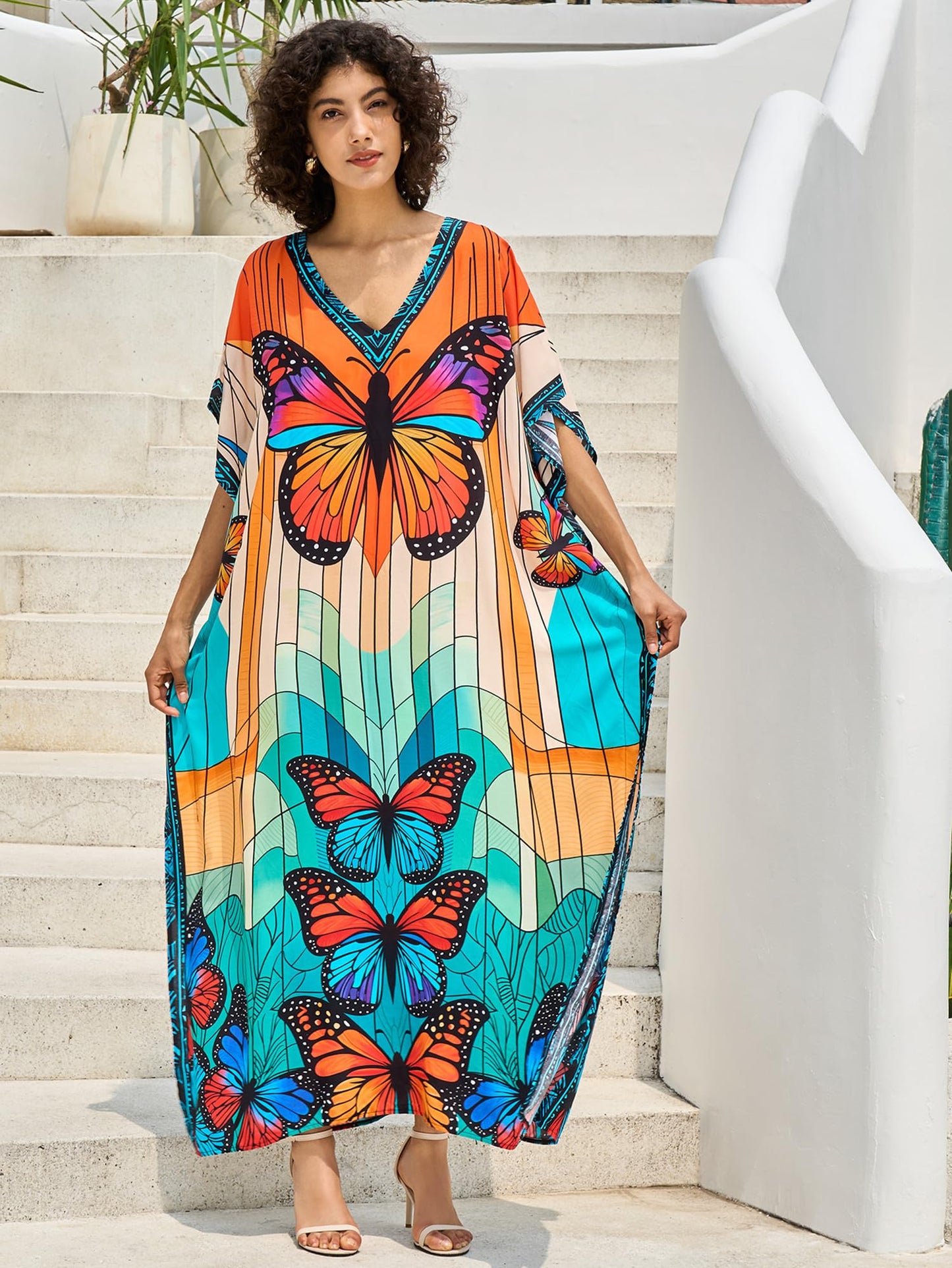 Chunoy Women V Neck Kaftan Casual Bathing Suit Kimono Sleeve Side Split Beach Cover Up Caftan Dress