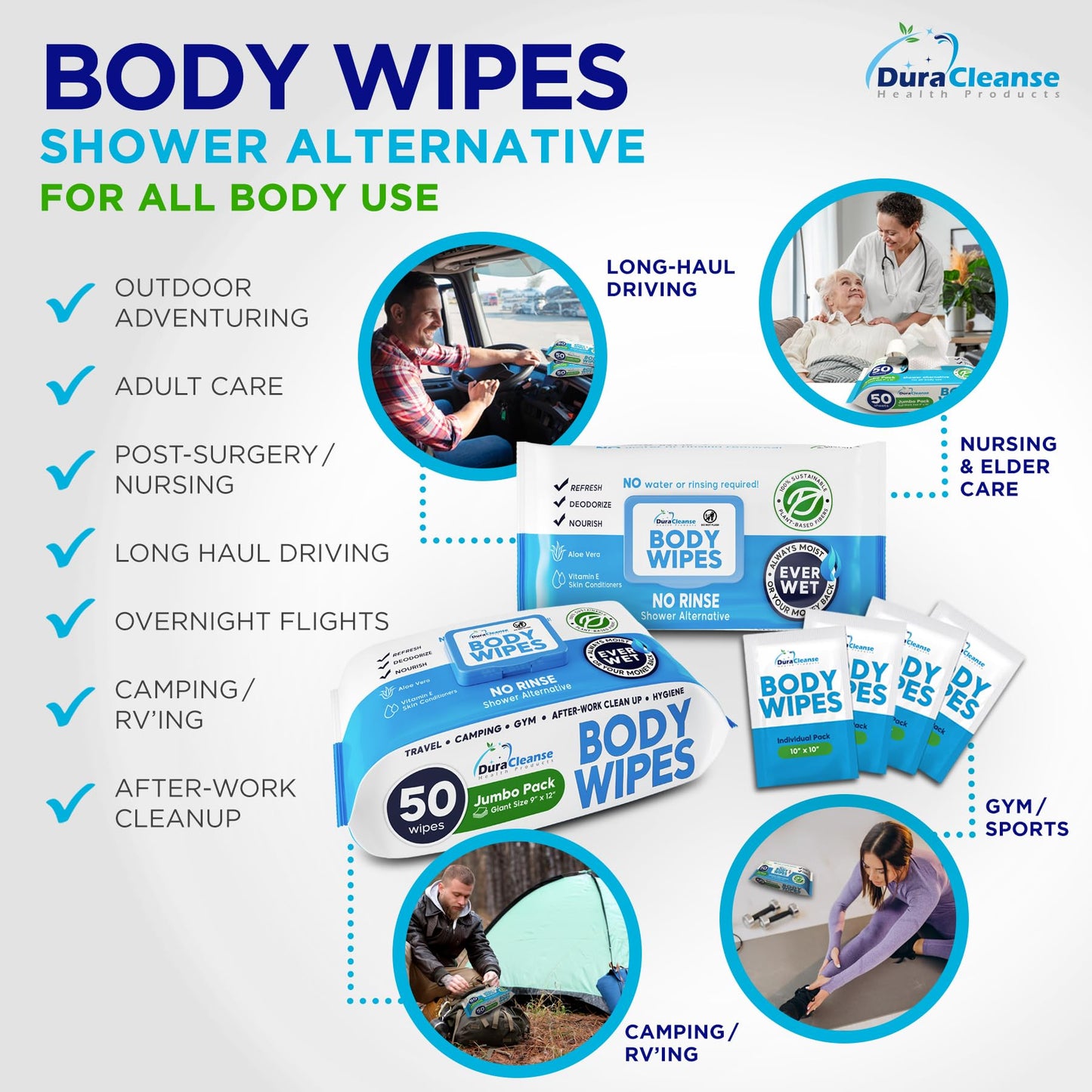 Body Wipes for Adults Bathing No Rinse - 20 Count Travel Shower Wipes - 9" x 12" Individually Wrapped Thick Cleansing Waterless Wash Scrubs - Disposable Washcloths for Camping & Elderly Incontinence