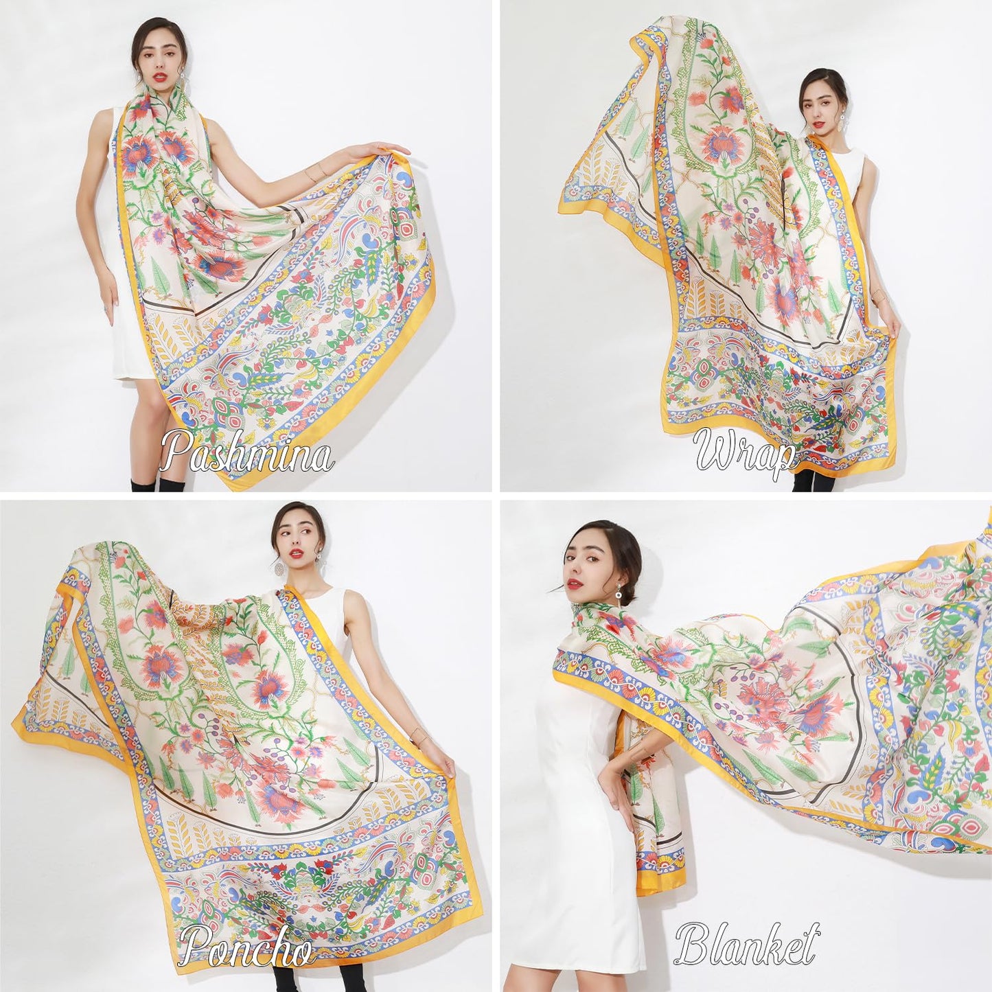 DANA XU 100% Mulberry Satin Silk Summer Travel Scarf Extra Large Women Floral Shawl Oversize Soft Wraps For Evening Dresses