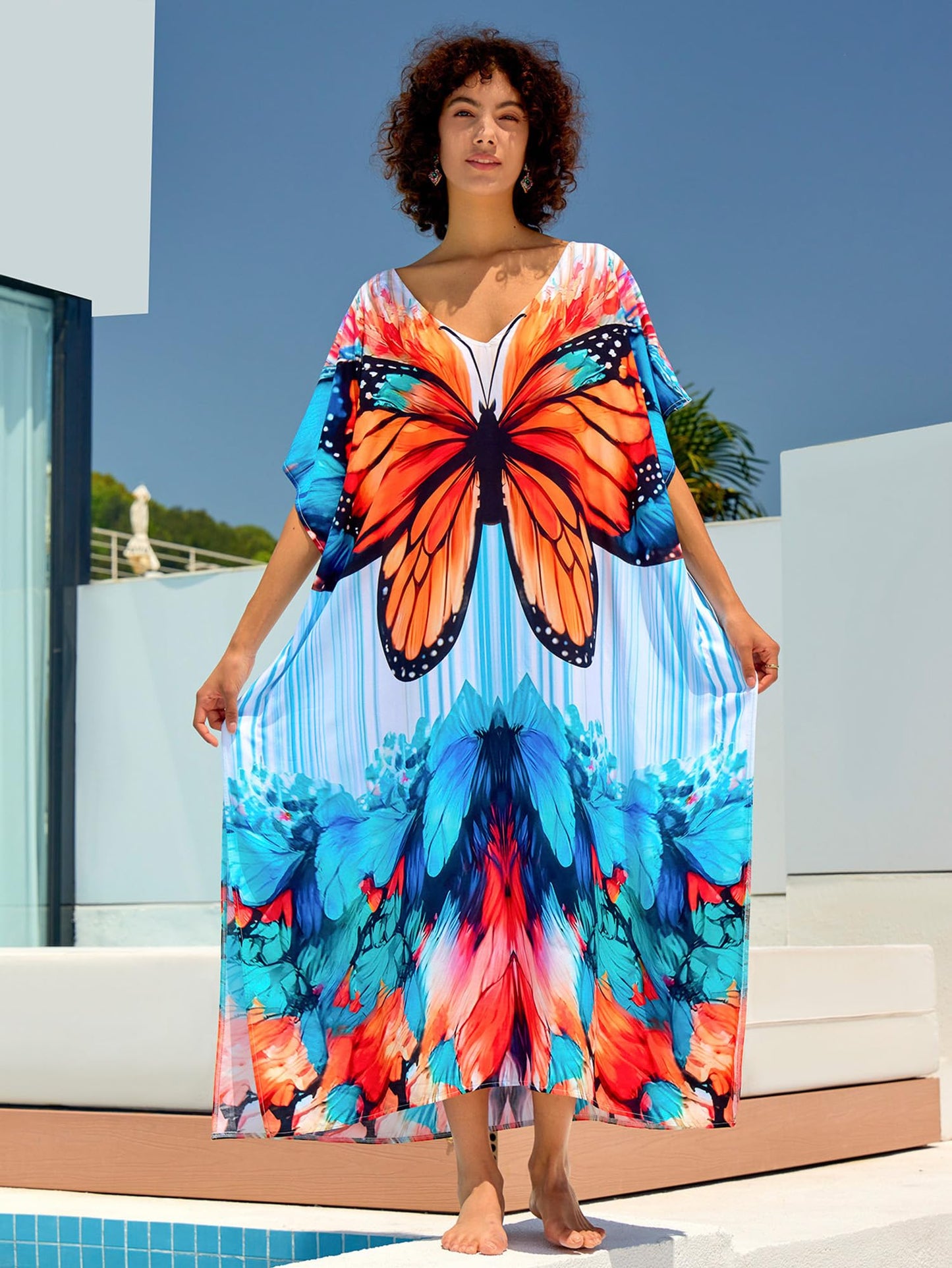 Chunoy Women V Neck Kaftan Casual Bathing Suit Kimono Sleeve Side Split Beach Cover Up Caftan Dress