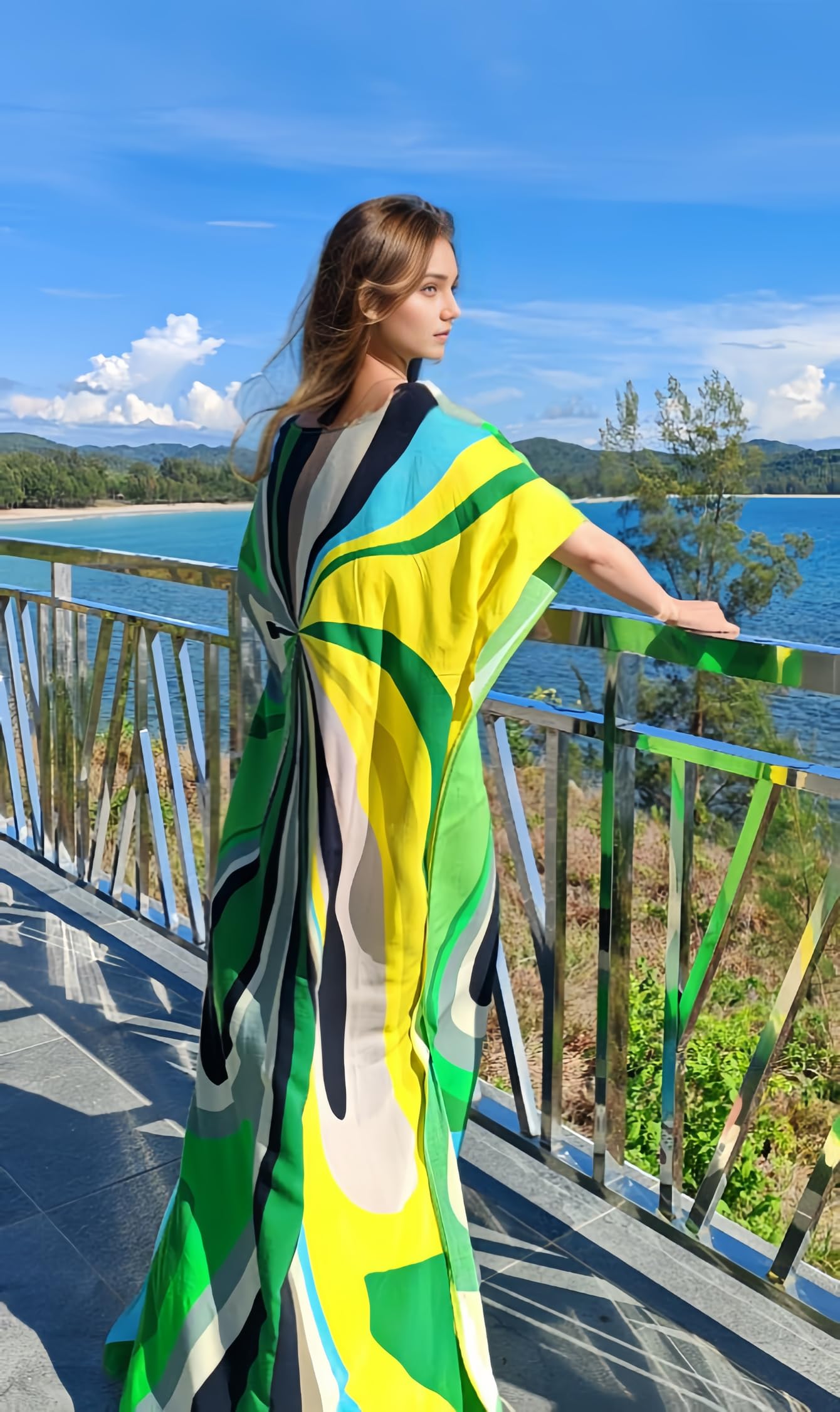 RanRui Floral Print Kaftan Dresses for Women Ethnic Boho Print Swim Cover up Batwing Sleeve Vneck Caftans