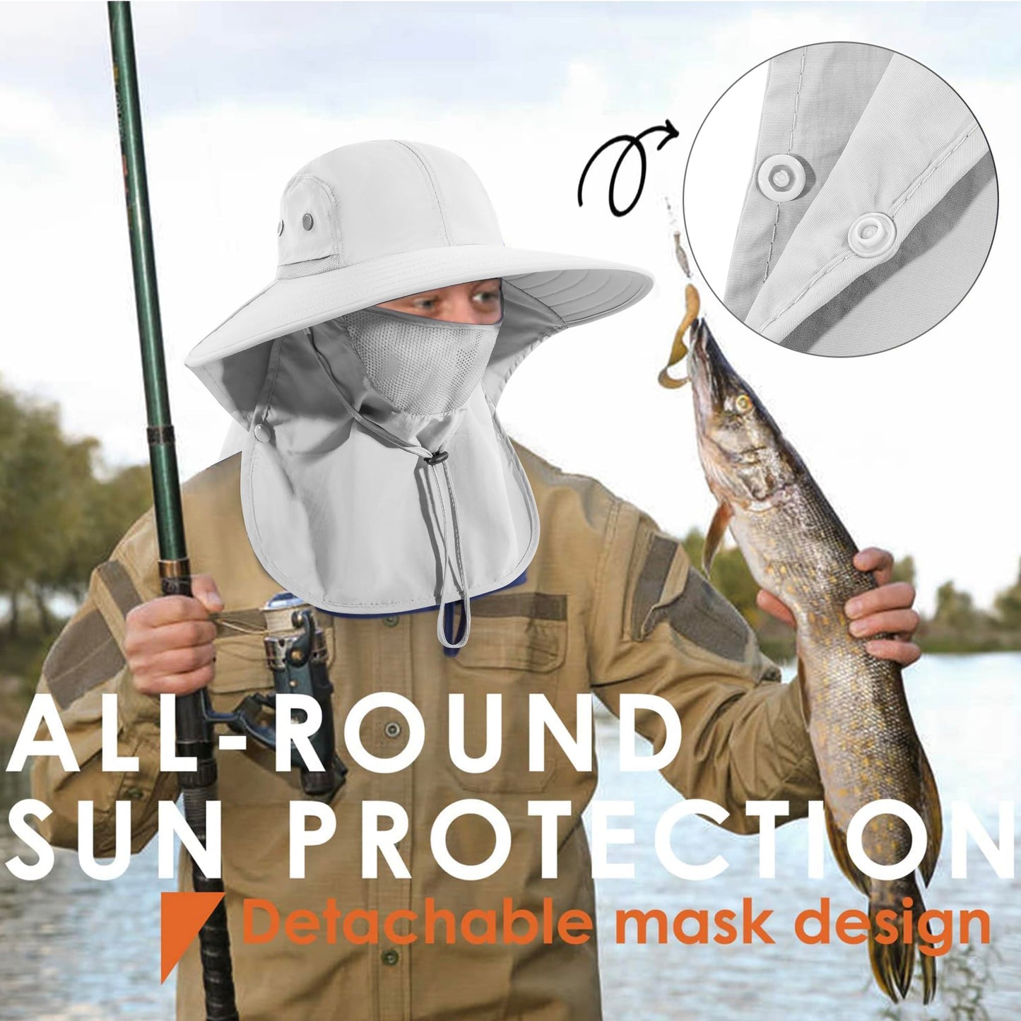 Mens Women Fishing Hat UPF 50+ Wide Brim Sun Hat with Face Cover & Neck Flap