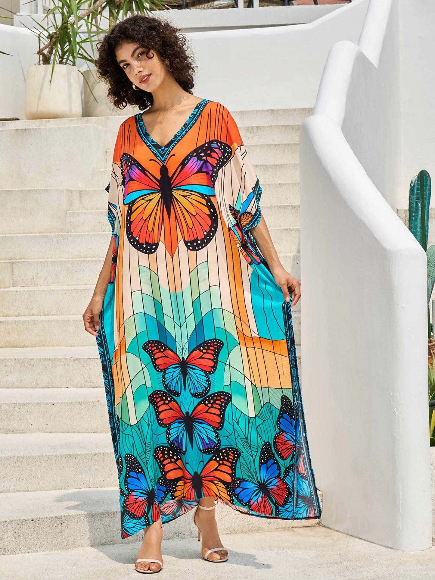 Chunoy Women V Neck Kaftan Casual Bathing Suit Kimono Sleeve Side Split Beach Cover Up Caftan Dress