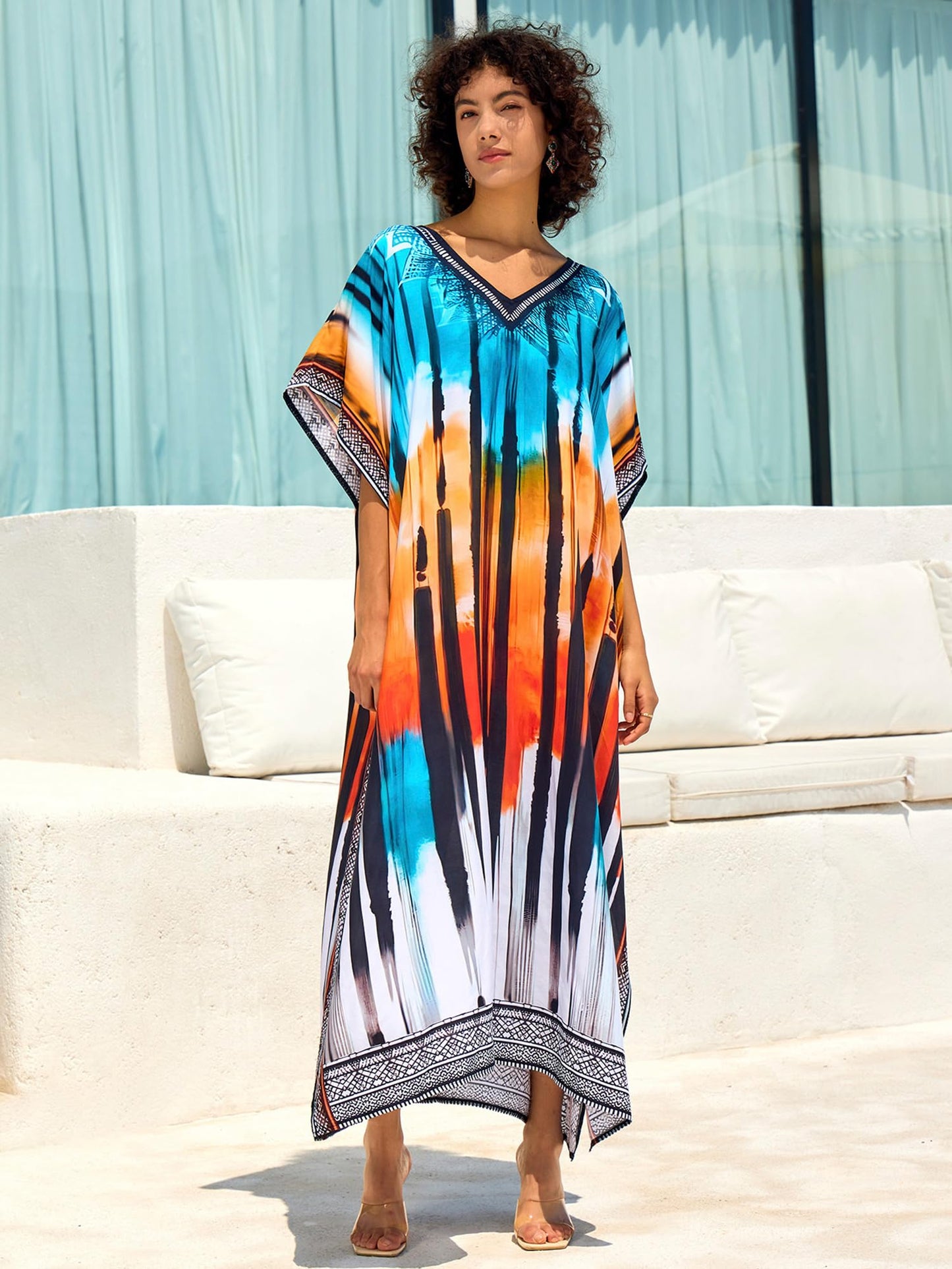 Chunoy Women V Neck Kaftan Casual Bathing Suit Kimono Sleeve Side Split Beach Cover Up Caftan Dress