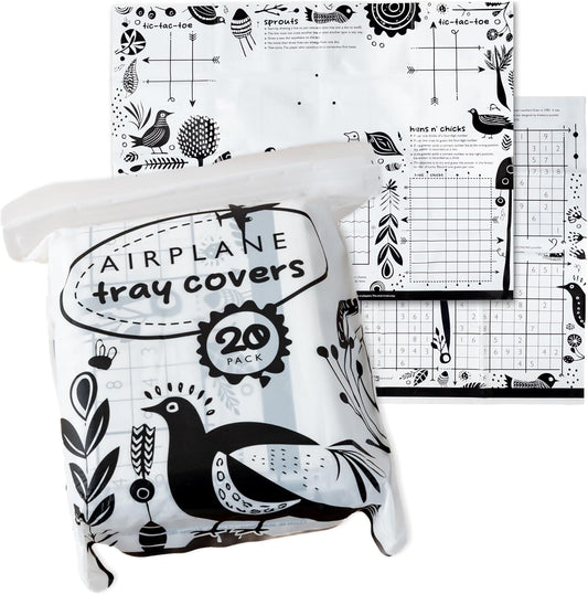 GSM Brands Disposable Airplane Tray Table Cover (Pack of 20) - Double Sided with 12 Games - Opaque White