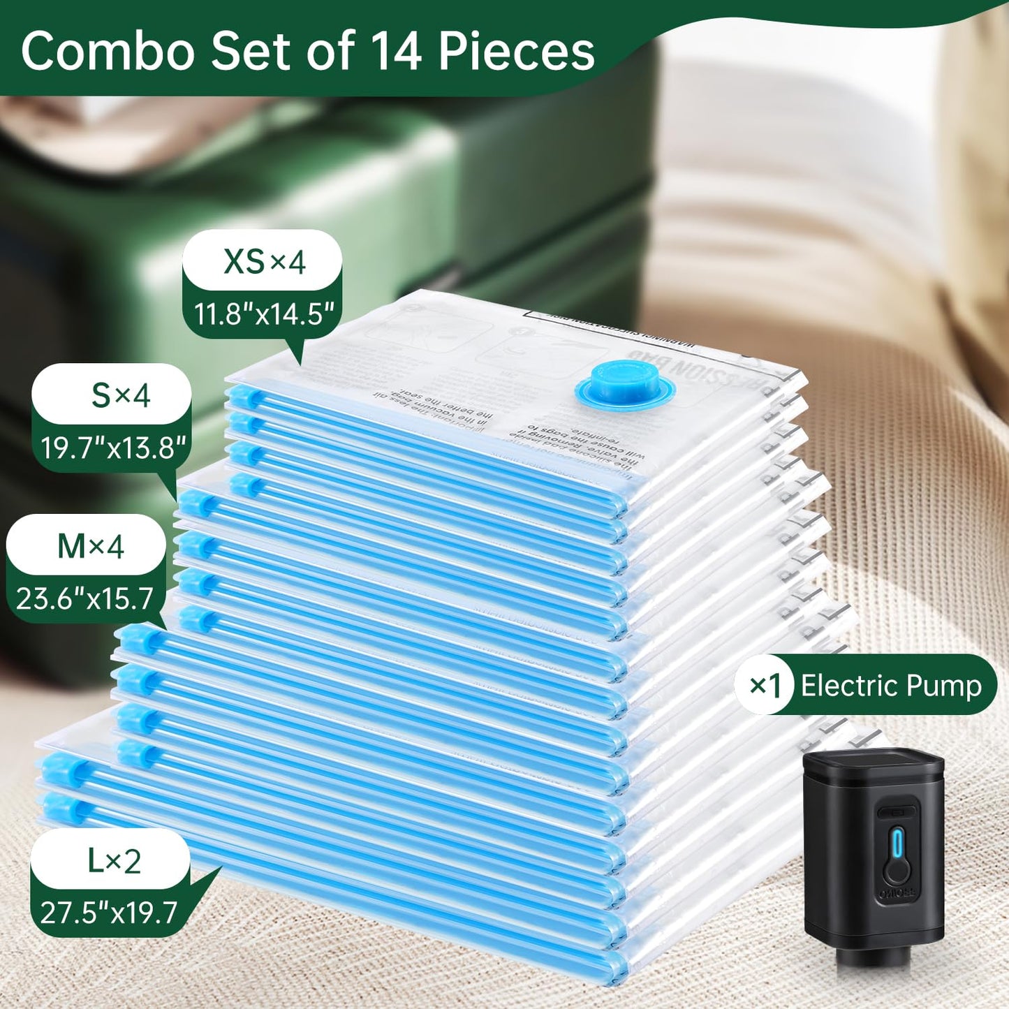 BRODI 10 Combo Pack Travel Vacuum Bags with Pump - Space Saver & Travel Essentials, Clothing & Luggage Vacuum Seal Bags