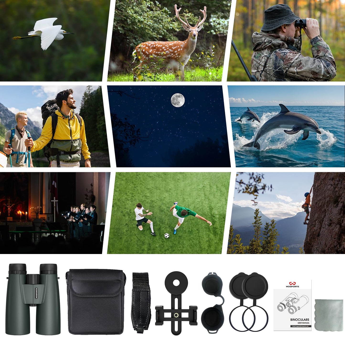 WOSPORTS 10x42 Binoculars for Adults, IPX7 Waterproof Binoculars with Clear Low Light Vision, Compact Binoculars for Bird Watching Hunting Cruise Travel, Green, BC01-GRE