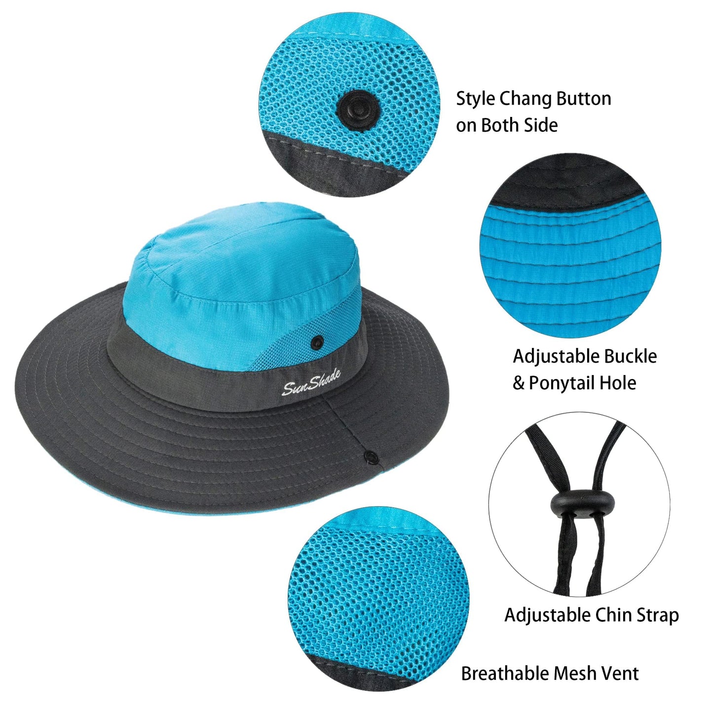 Women's Outdoor UV-Protection-Foldable Sun-Hats Mesh Wide-Brim Beach Fishing Hat with Ponytail-Hole
