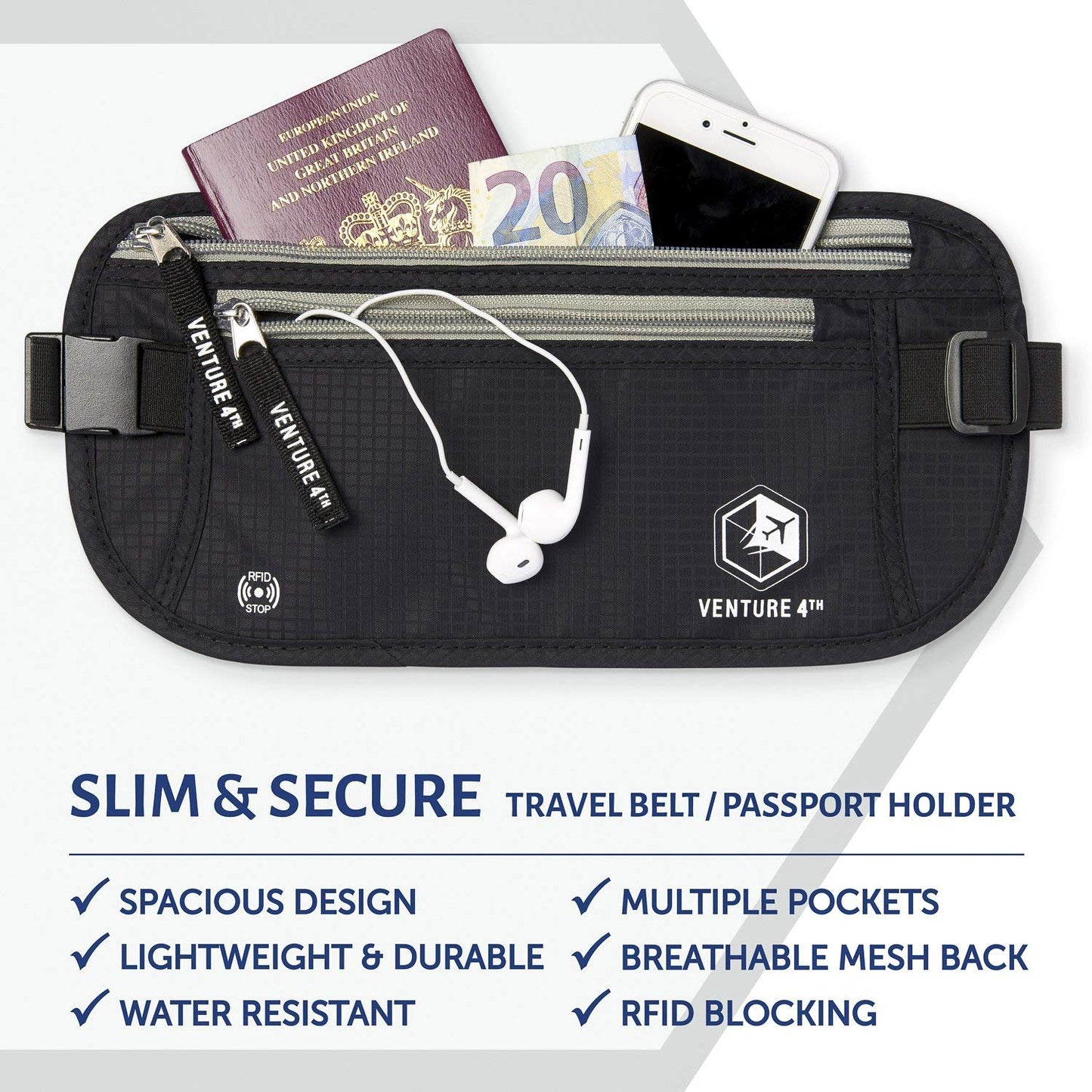 VENTURE 4TH Travel Money Belt - RFID Blocking (Gray)