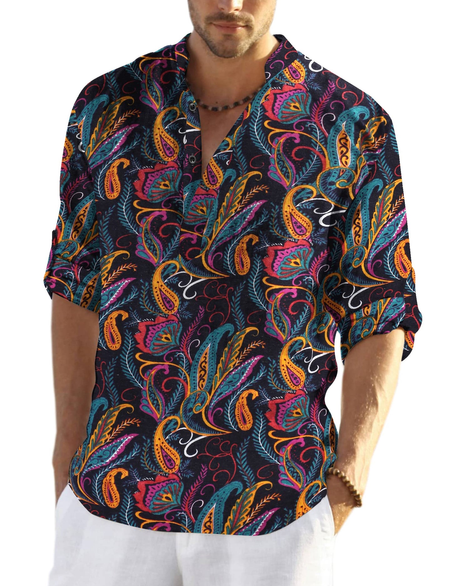 COOFANDY Men's Cotton Linen Henley T-Shirts Long Sleeve Hippie Casual Beach T-Shirts