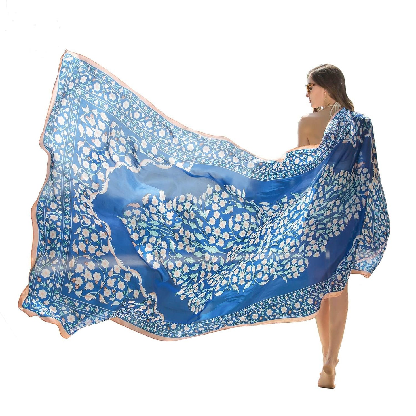 DANA XU 100% Mulberry Satin Silk Summer Travel Scarf Extra Large Women Floral Shawl Oversize Soft Wraps For Evening Dresses