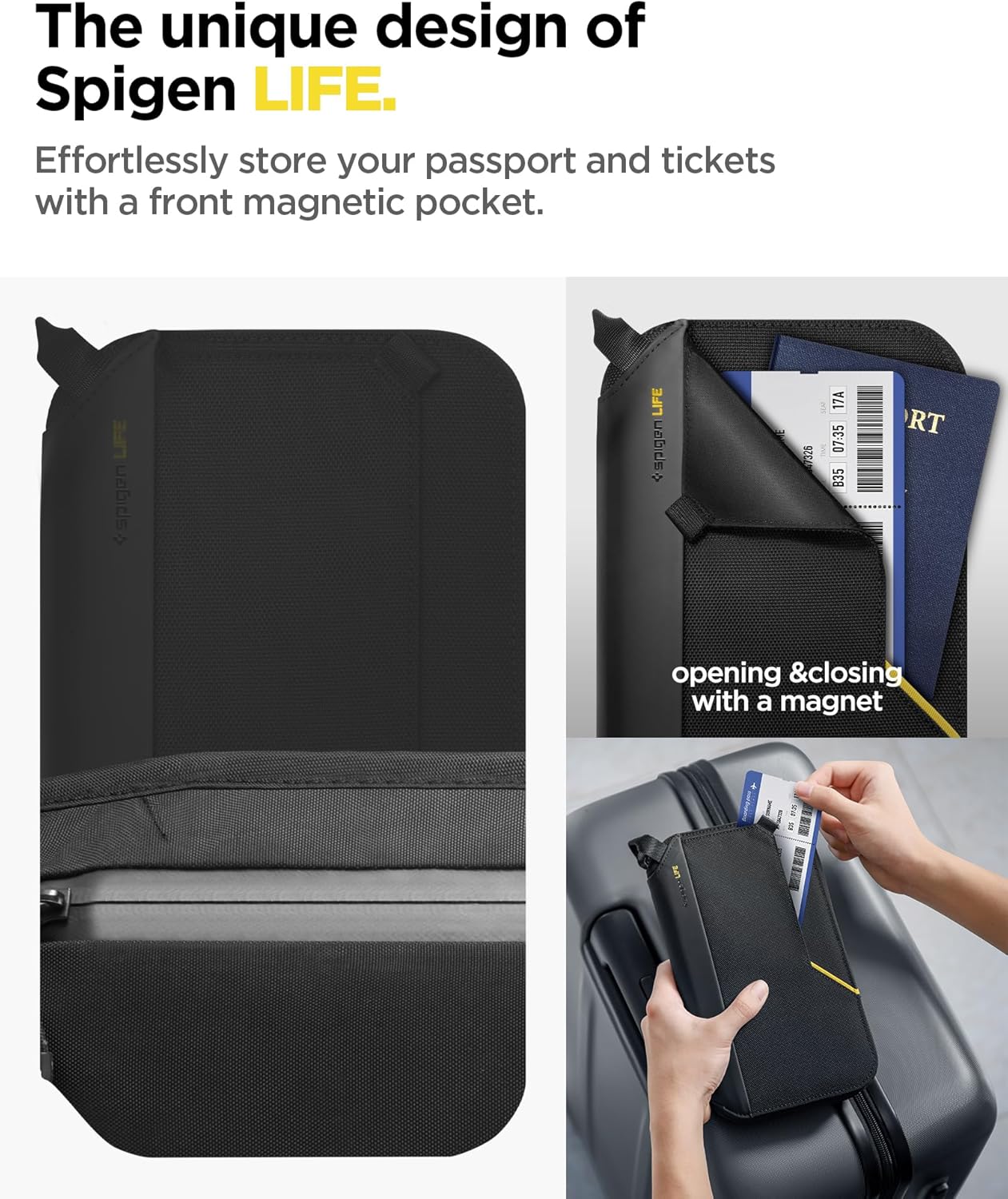 Spigen Life Passport Holder for Family, Passport Wallet Travel Documents Organizer Passport Holder with RFID Blocking, SIM Card Holder and Eject Pin, Wrist strap, up to 4 Passports- Black
