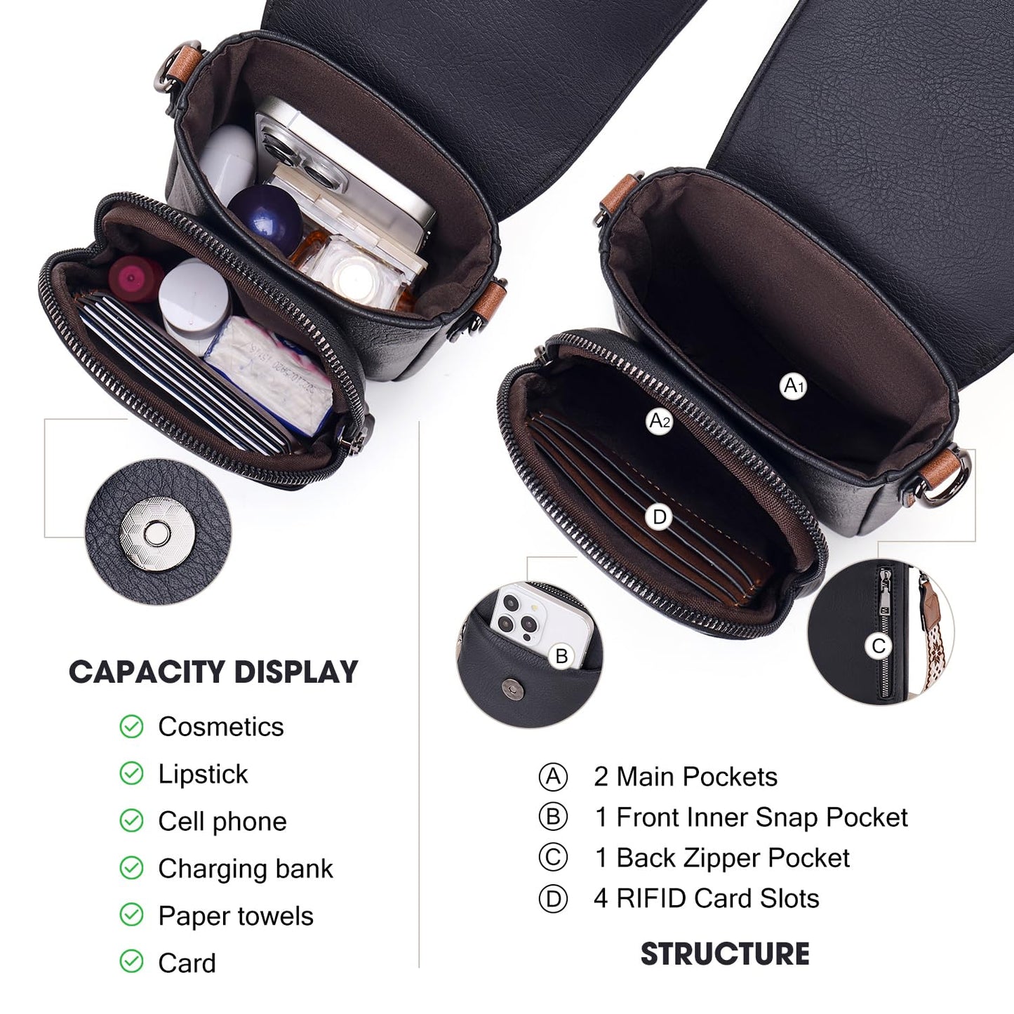 POIUGOYA Small Crossbody Bags for Women Trendy,Leather Triple Compartment Cell Phone Crossbody Wallet Purses with Card Slots