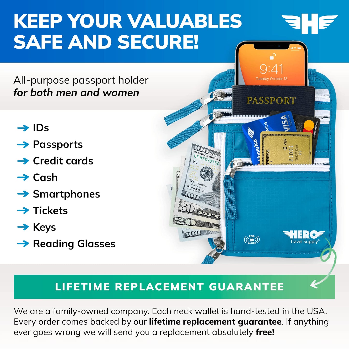 HERO Neck Wallet, RFID Blocking Passport Holder, Easy to Conceal Travel Pouch