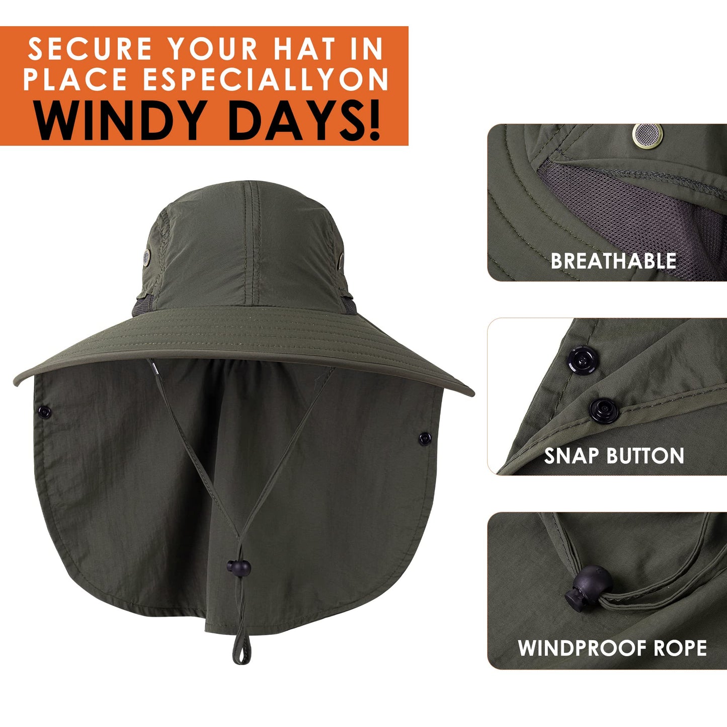Mens Women Fishing Hat UPF 50+ Wide Brim Sun Hat with Face Cover & Neck Flap