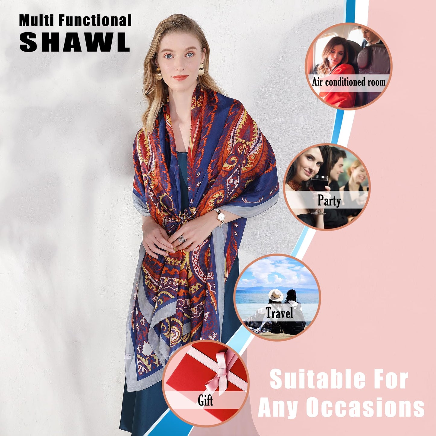DANA XU 100% Mulberry Satin Silk Summer Travel Scarf Extra Large Women Floral Shawl Oversize Soft Wraps For Evening Dresses