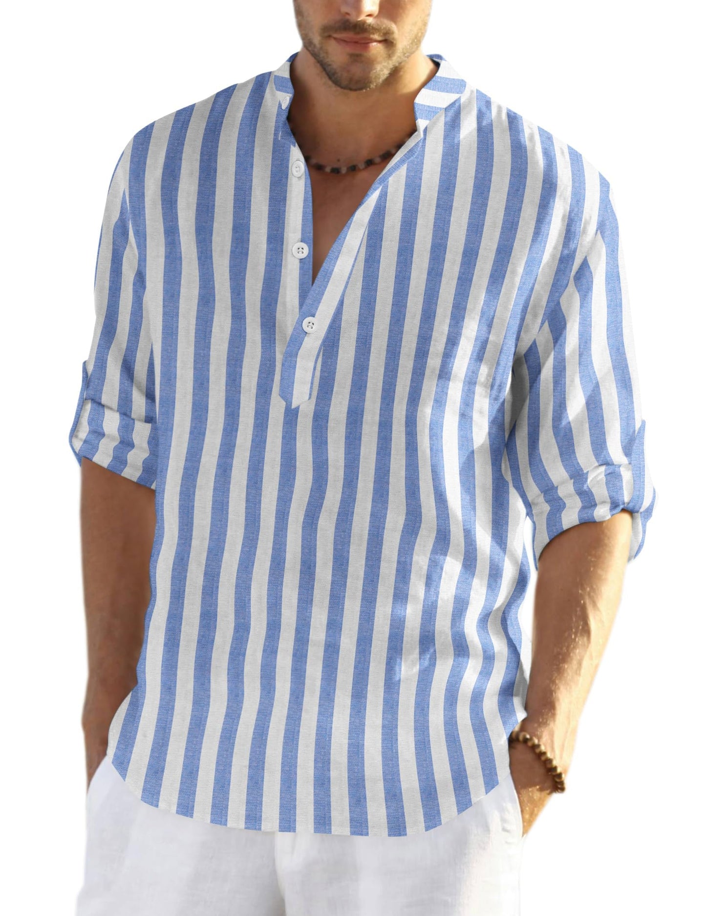 COOFANDY Men's Cotton Linen Henley T-Shirts Long Sleeve Hippie Casual Beach T-Shirts