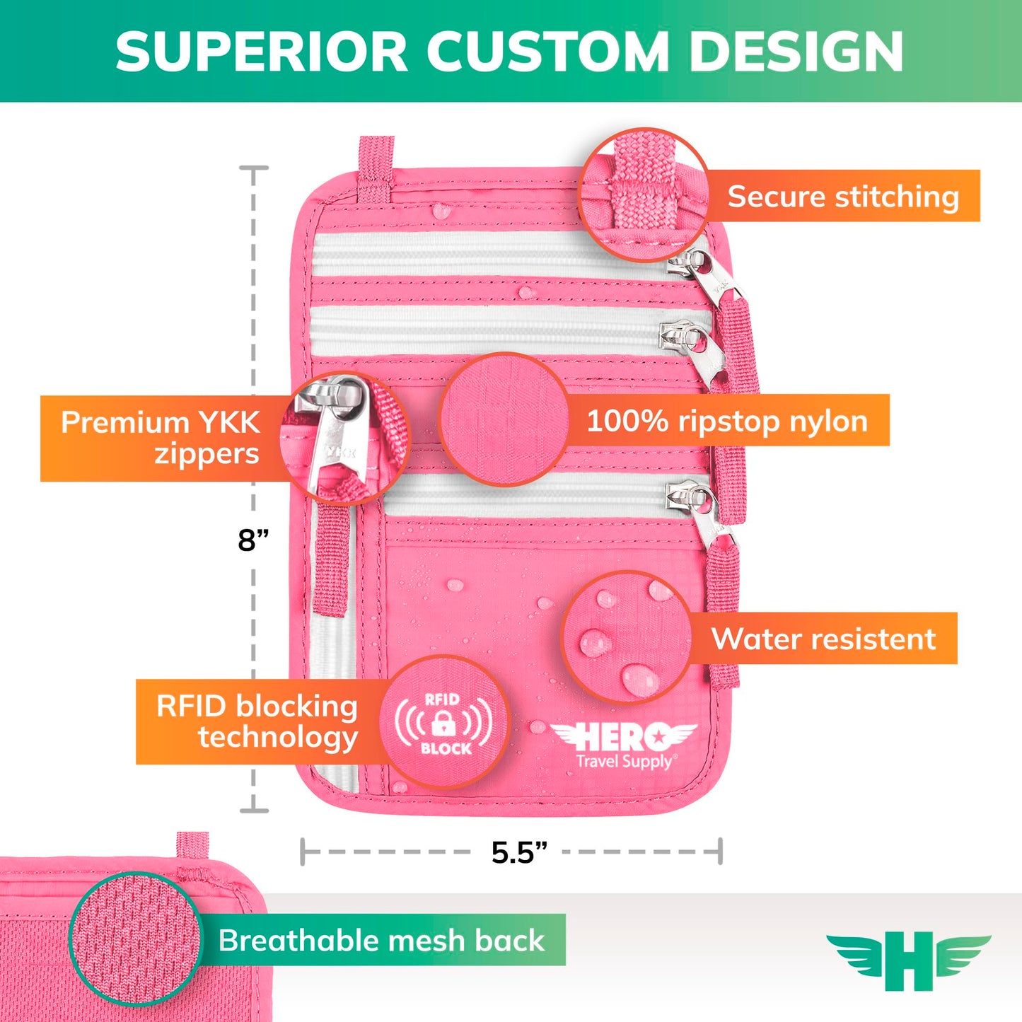 HERO Neck Wallet, RFID Blocking Passport Holder, Easy to Conceal Travel Pouch