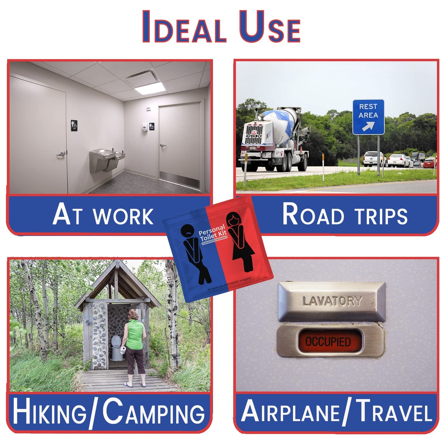 Public Restroom Kit: Pack of On-The-Go Bathroom Kits with Toilet Paper for Travel - Public Toilet Survival Kit Including Gloves, Wipes, Seat Covers in Zip Top Bag