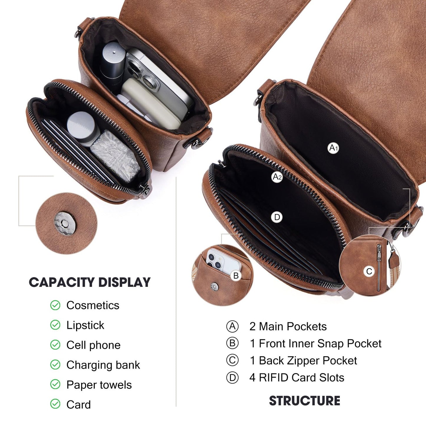 POIUGOYA Small Crossbody Bags for Women Trendy,Leather Triple Compartment Cell Phone Crossbody Wallet Purses with Card Slots