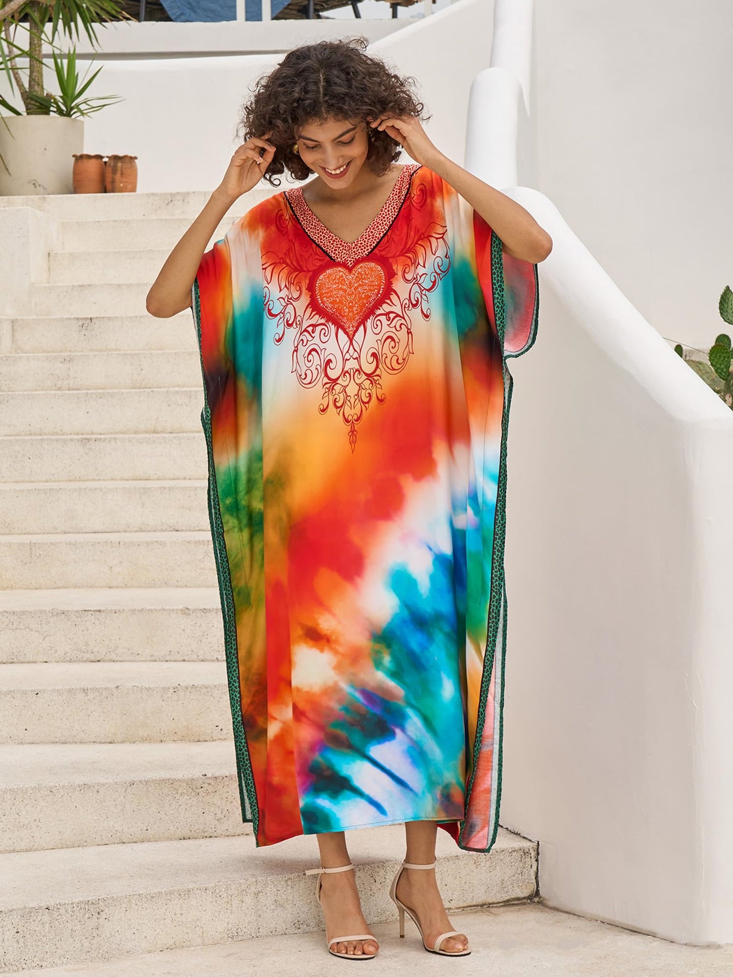 Chunoy Women V Neck Kaftan Casual Bathing Suit Kimono Sleeve Side Split Beach Cover Up Caftan Dress