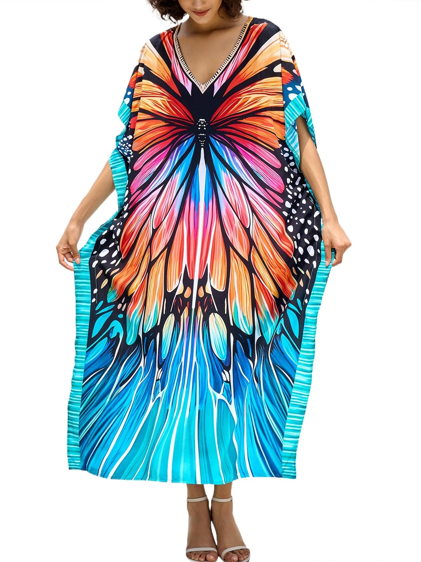 Chunoy Women V Neck Kaftan Casual Bathing Suit Kimono Sleeve Side Split Beach Cover Up Caftan Dress