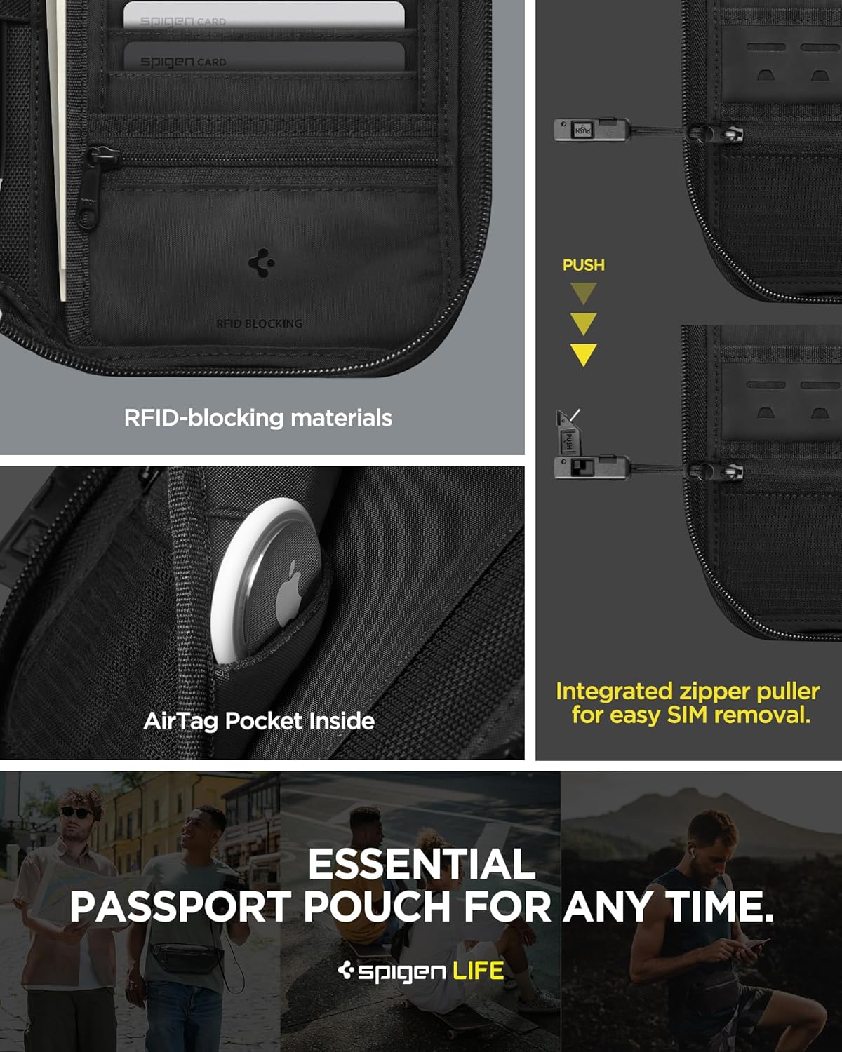 Spigen Life Passport Holder for Family, Passport Wallet Travel Documents Organizer Passport Holder with RFID Blocking, SIM Card Holder and Eject Pin, Wrist strap, up to 4 Passports- Black