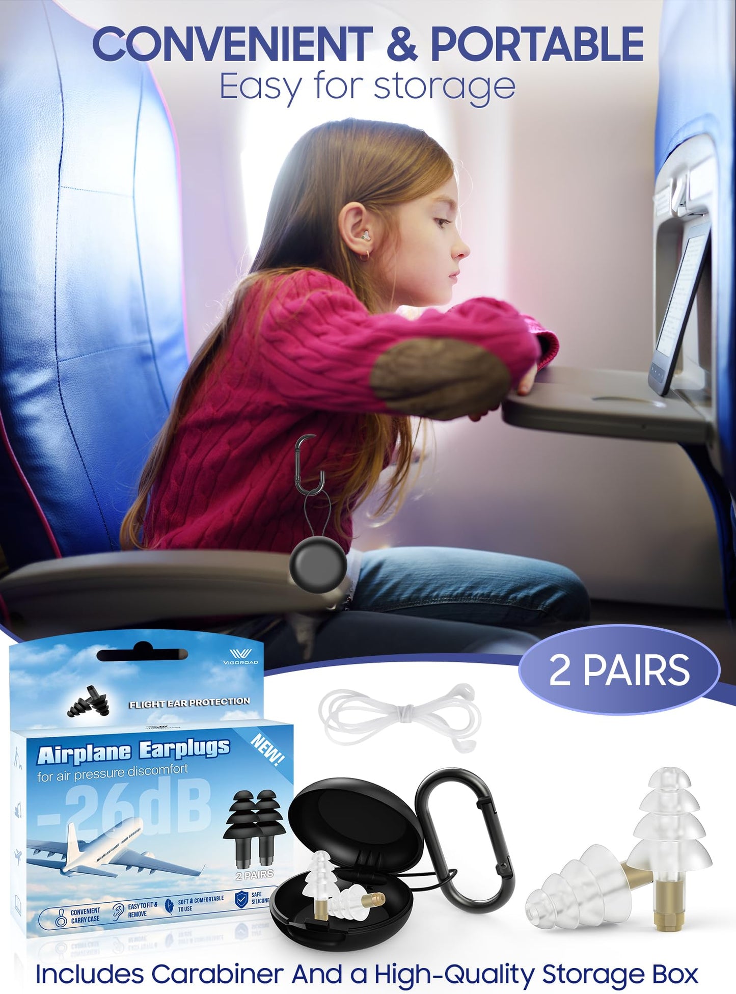 Ear Plugs for Airplane Pressure Relief, 2 Pairs Adults Soft Silicone Reusable Airplane Earplugs 26dB, with Silicone Connector Cord, Travel Essentials for Flying, Ear Protection Earplugs for Plane