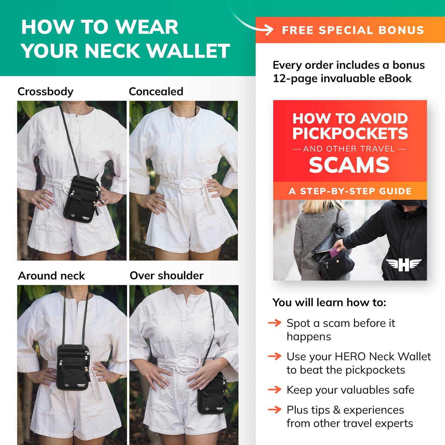 HERO Neck Wallet, RFID Blocking Passport Holder, Easy to Conceal Travel Pouch