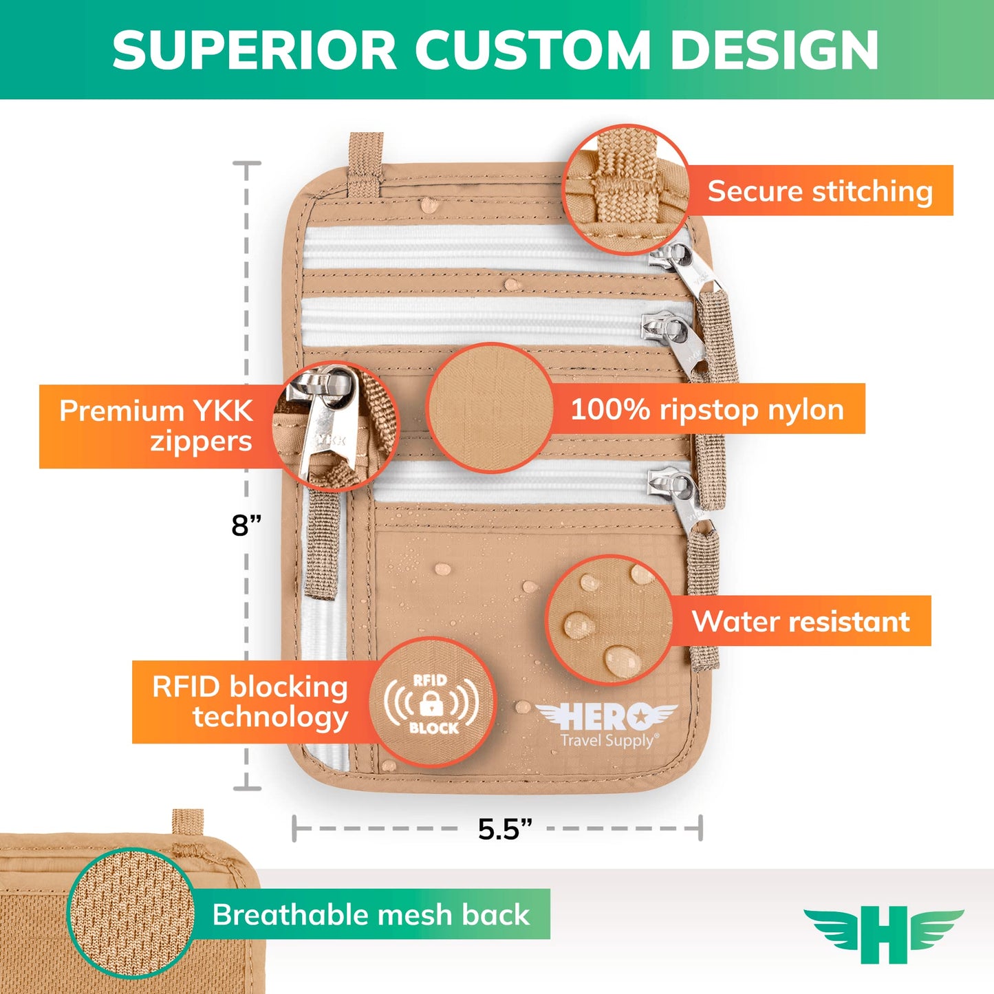 HERO Neck Wallet, RFID Blocking Passport Holder, Easy to Conceal Travel Pouch