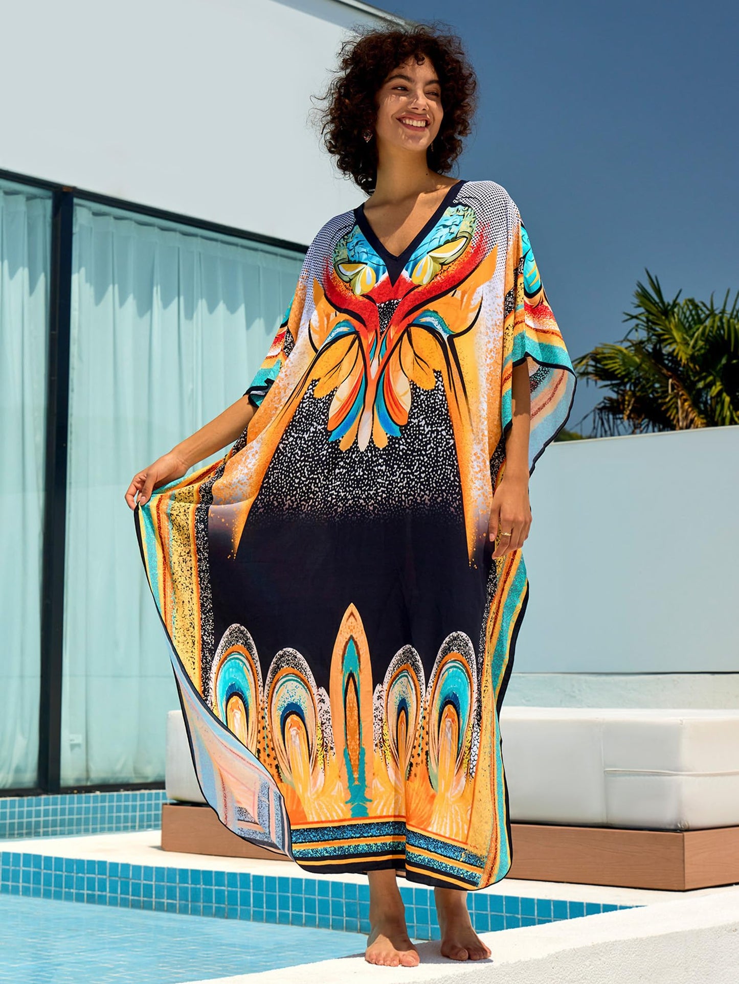 Chunoy Women V Neck Kaftan Casual Bathing Suit Kimono Sleeve Side Split Beach Cover Up Caftan Dress