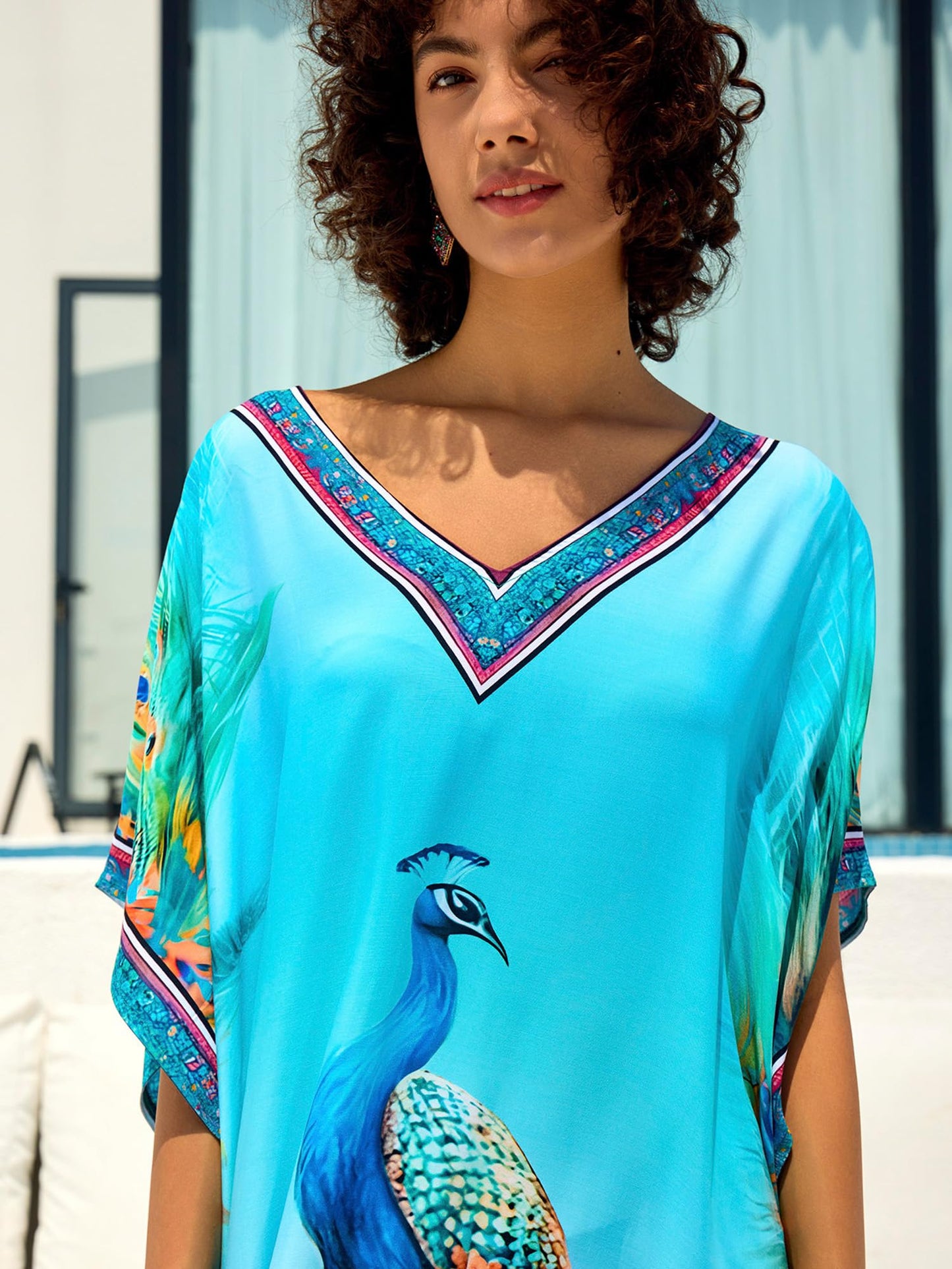 Chunoy Women V Neck Kaftan Casual Bathing Suit Kimono Sleeve Side Split Beach Cover Up Caftan Dress