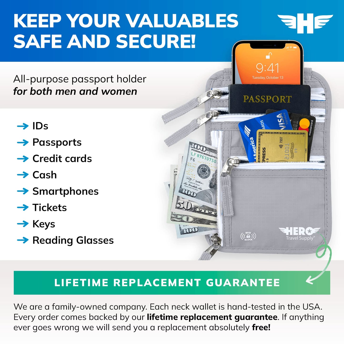 HERO Neck Wallet, RFID Blocking Passport Holder, Easy to Conceal Travel Pouch