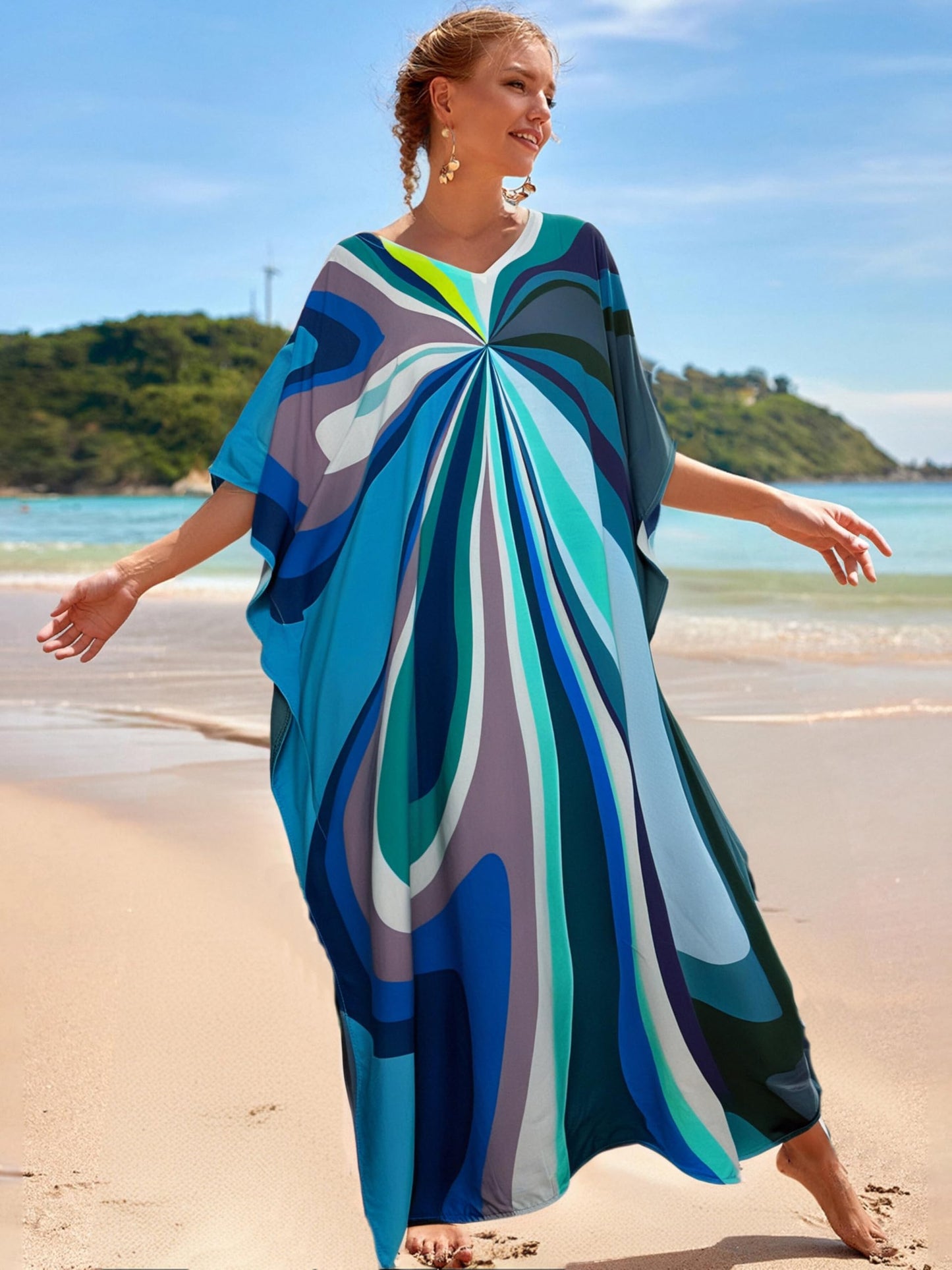 RanRui Floral Print Kaftan Dresses for Women Ethnic Boho Print Swim Cover up Batwing Sleeve Vneck Caftans