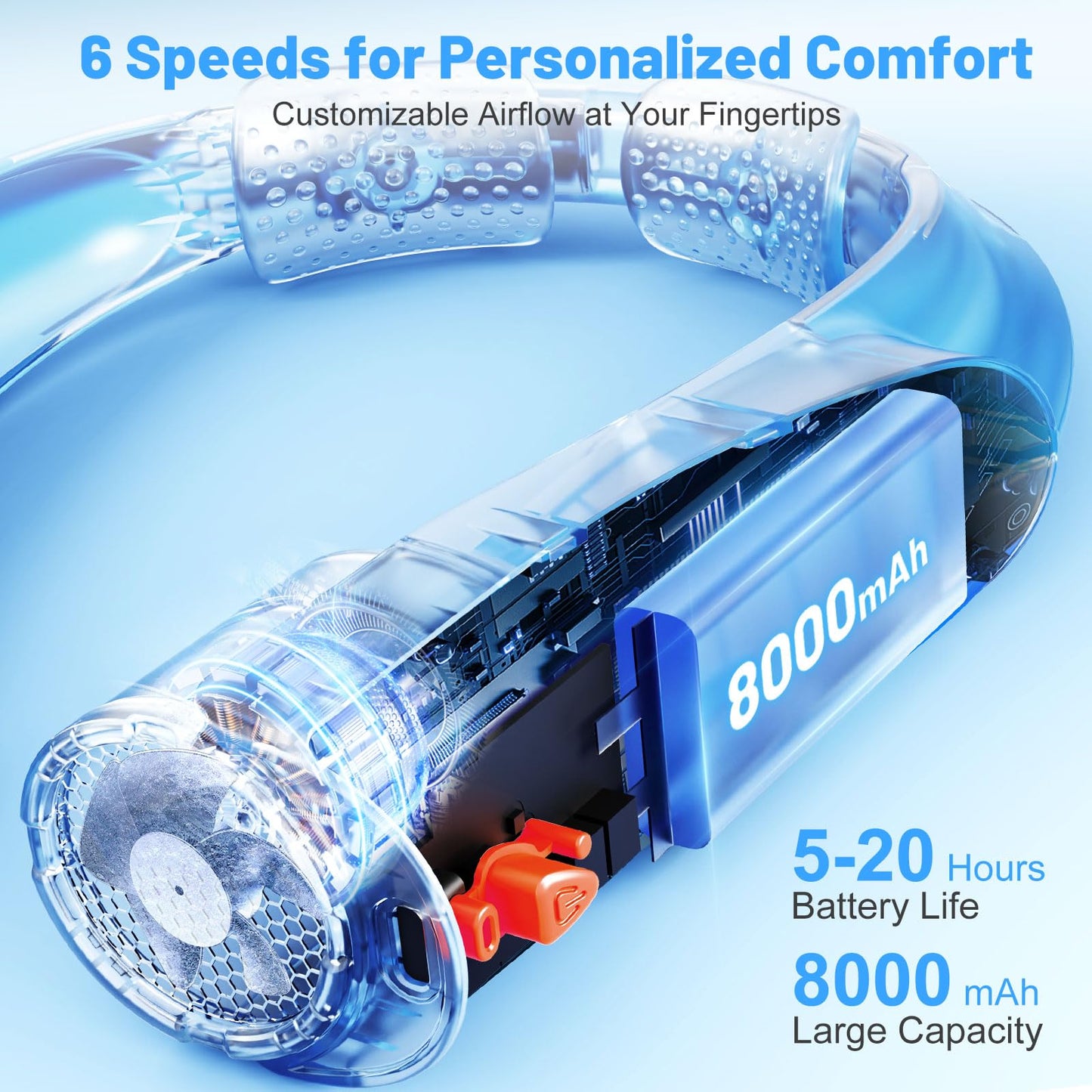 AI Portable Neck Fan with 6 Powerful Speeds, 8000mAh Battery Operated USB-C Rechargeable Fan, Hands-Free 360° Cooling Neck Fan,Twistable,Ultra-Quiet Personal Fan for Women Men Office Travel(Blue)