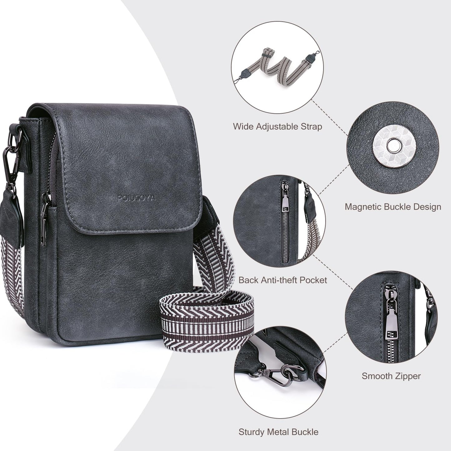 POIUGOYA Small Crossbody Bags for Women Trendy,Leather Triple Compartment Cell Phone Crossbody Wallet Purses with Card Slots