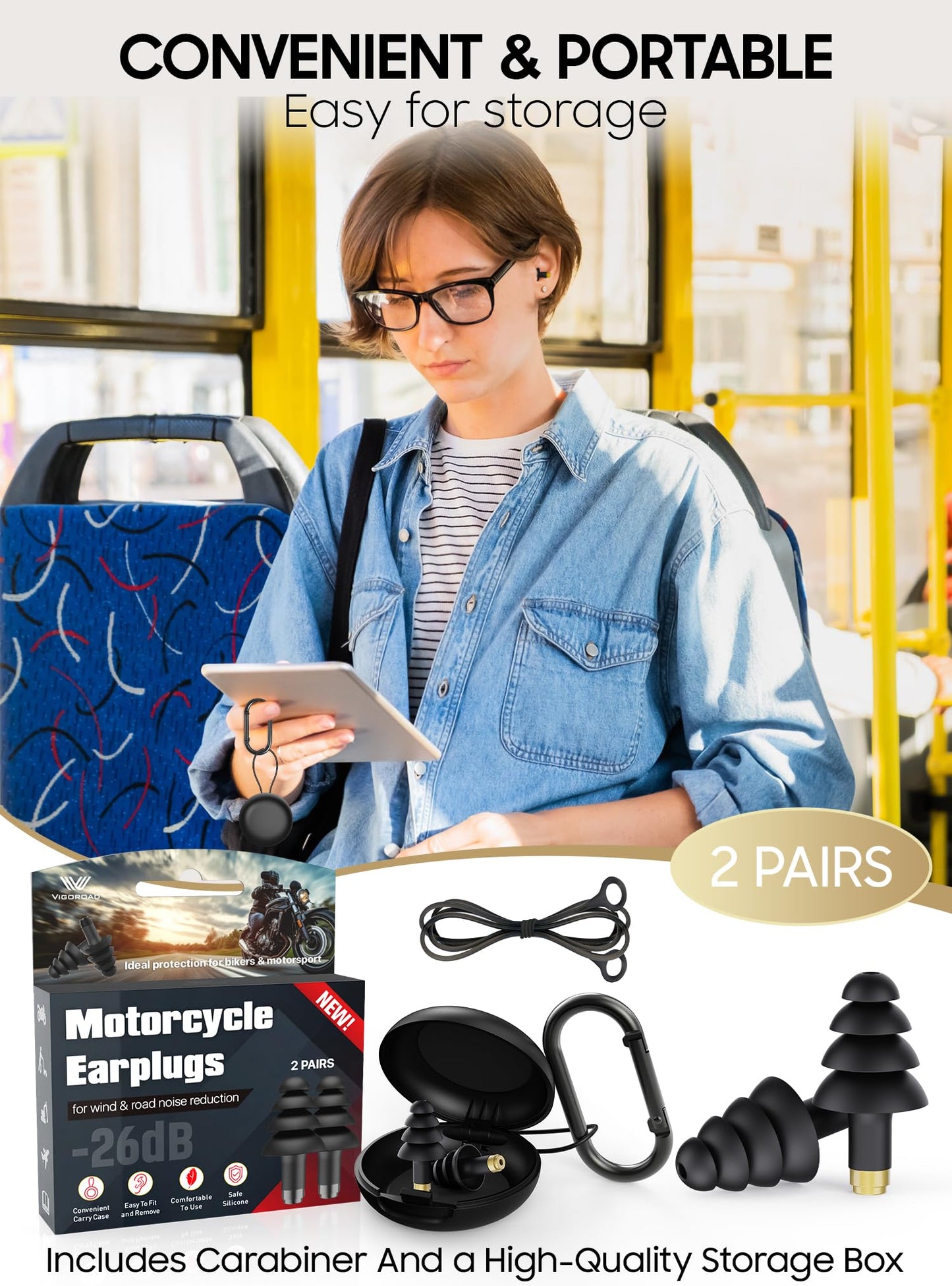 Ear Plugs for Airplane Pressure Relief, 2 Pairs Adults Soft Silicone Reusable Airplane Earplugs 26dB, with Silicone Connector Cord, Travel Essentials for Flying, Ear Protection Earplugs for Plane