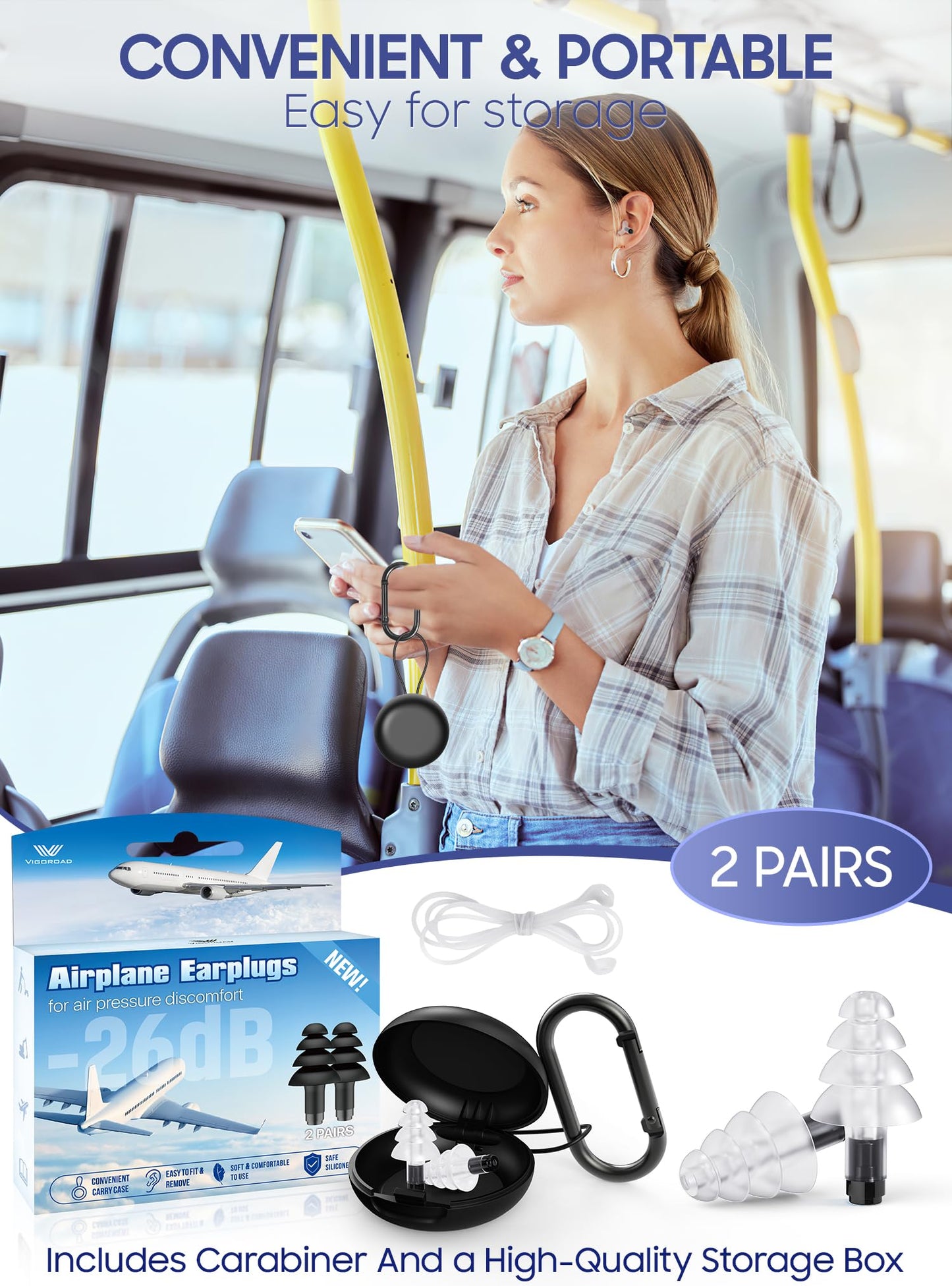 Ear Plugs for Airplane Pressure Relief, 2 Pairs Adults Soft Silicone Reusable Airplane Earplugs 26dB, with Silicone Connector Cord, Travel Essentials for Flying, Ear Protection Earplugs for Plane