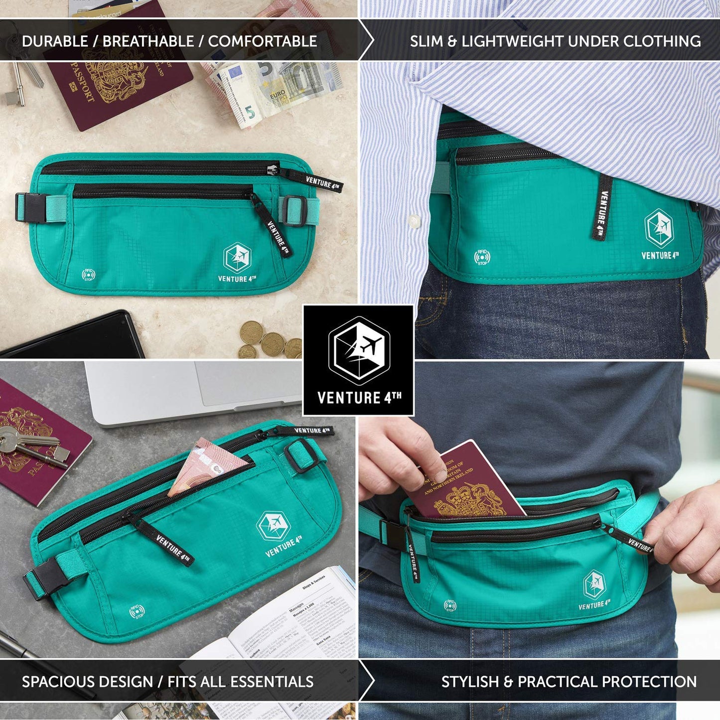 VENTURE 4TH Travel Money Belt - RFID Blocking (Gray)