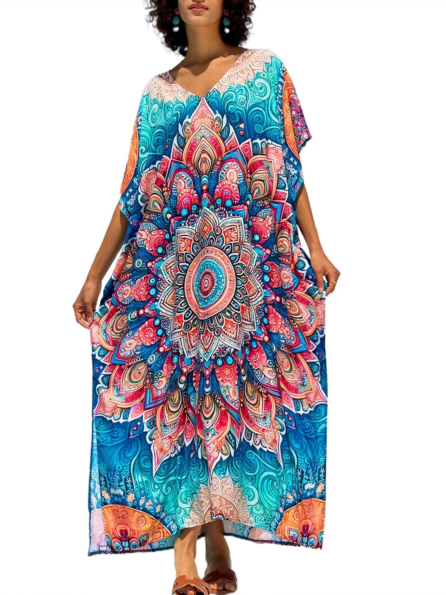 Chunoy Women V Neck Kaftan Casual Bathing Suit Kimono Sleeve Side Split Beach Cover Up Caftan Dress