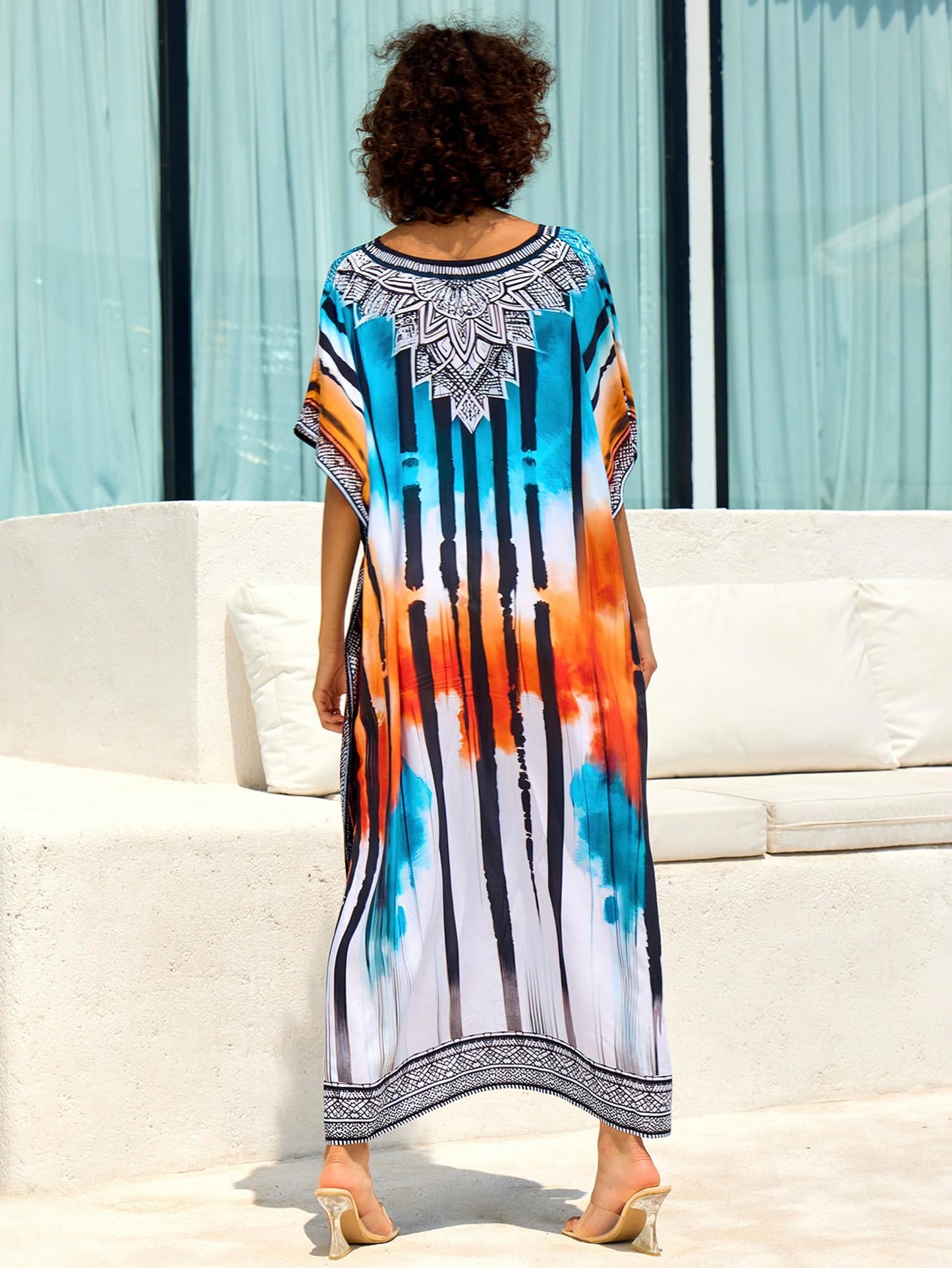 Chunoy Women V Neck Kaftan Casual Bathing Suit Kimono Sleeve Side Split Beach Cover Up Caftan Dress